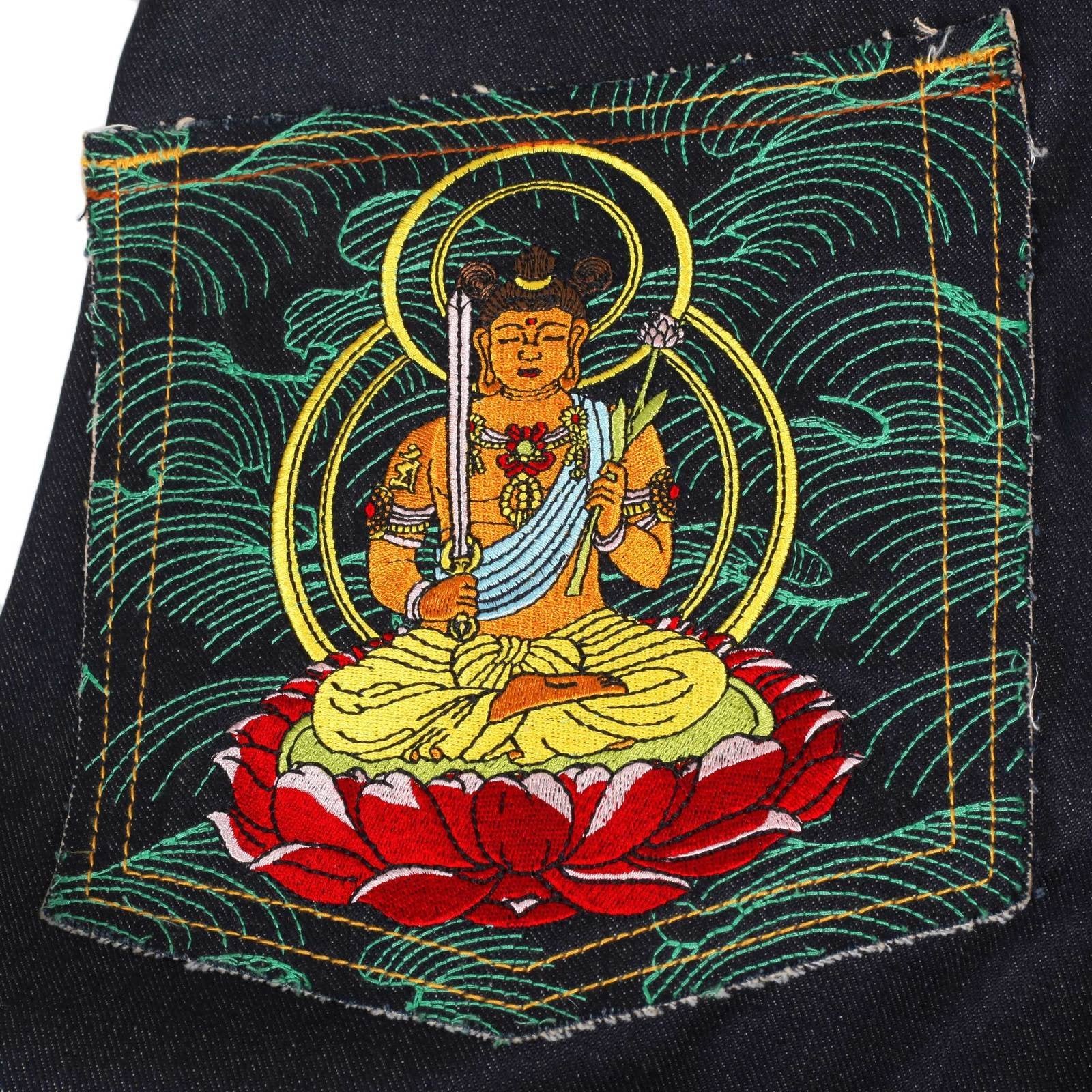RMC MARTIN KSOHOH INDIGO RAW SELVEDGE JEANS WITH EXCLUSIVE MONJUBOSATU YEAR OF THE RABBIT EMBROIDERY REDM3089