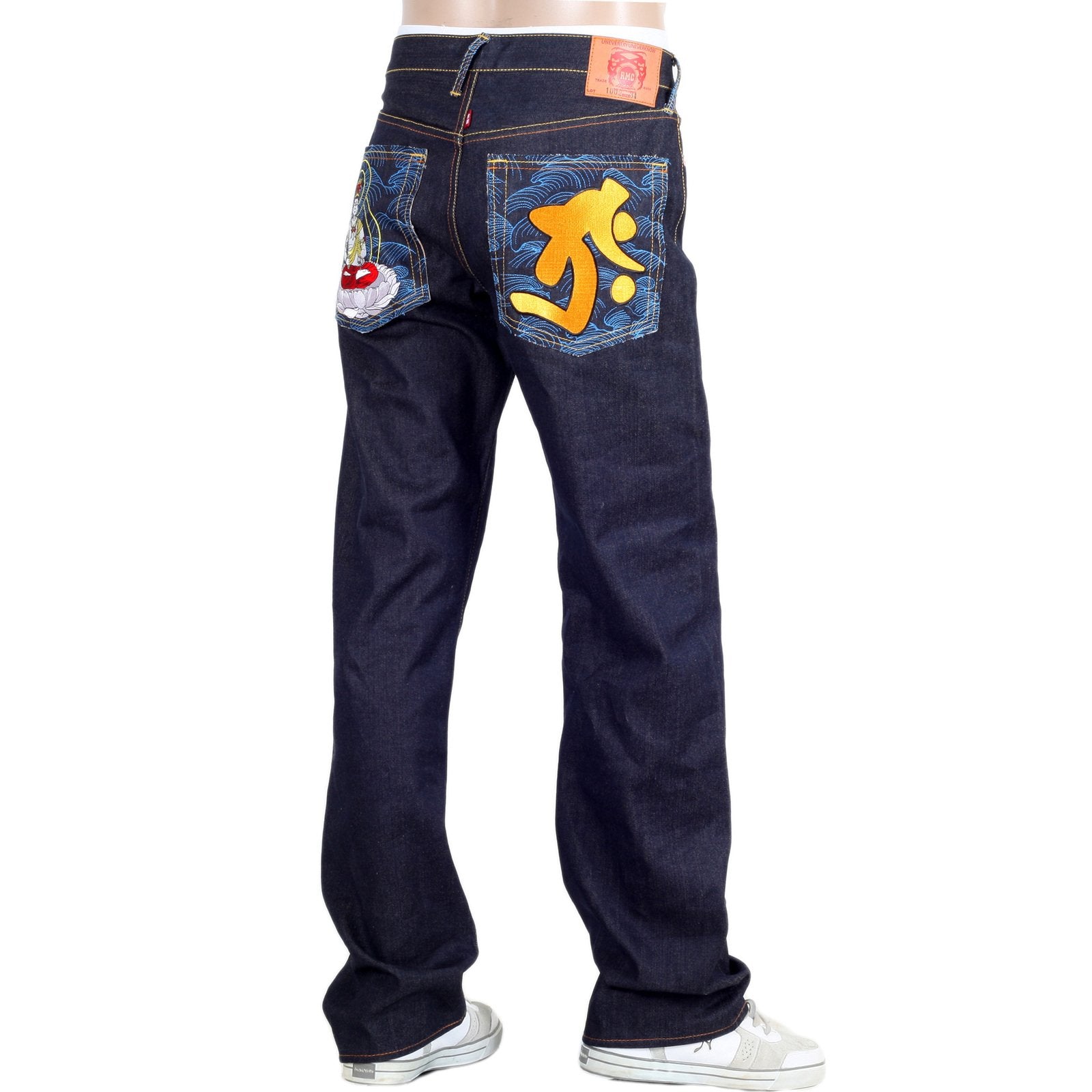 RMC MARTIN KSOHOH INDIGO RAW SELVEDGE JEANS WITH EXCLUSIVE KOKUUZOU BOSATU YEAR OF THE OX EMBROIDERY REDM3092