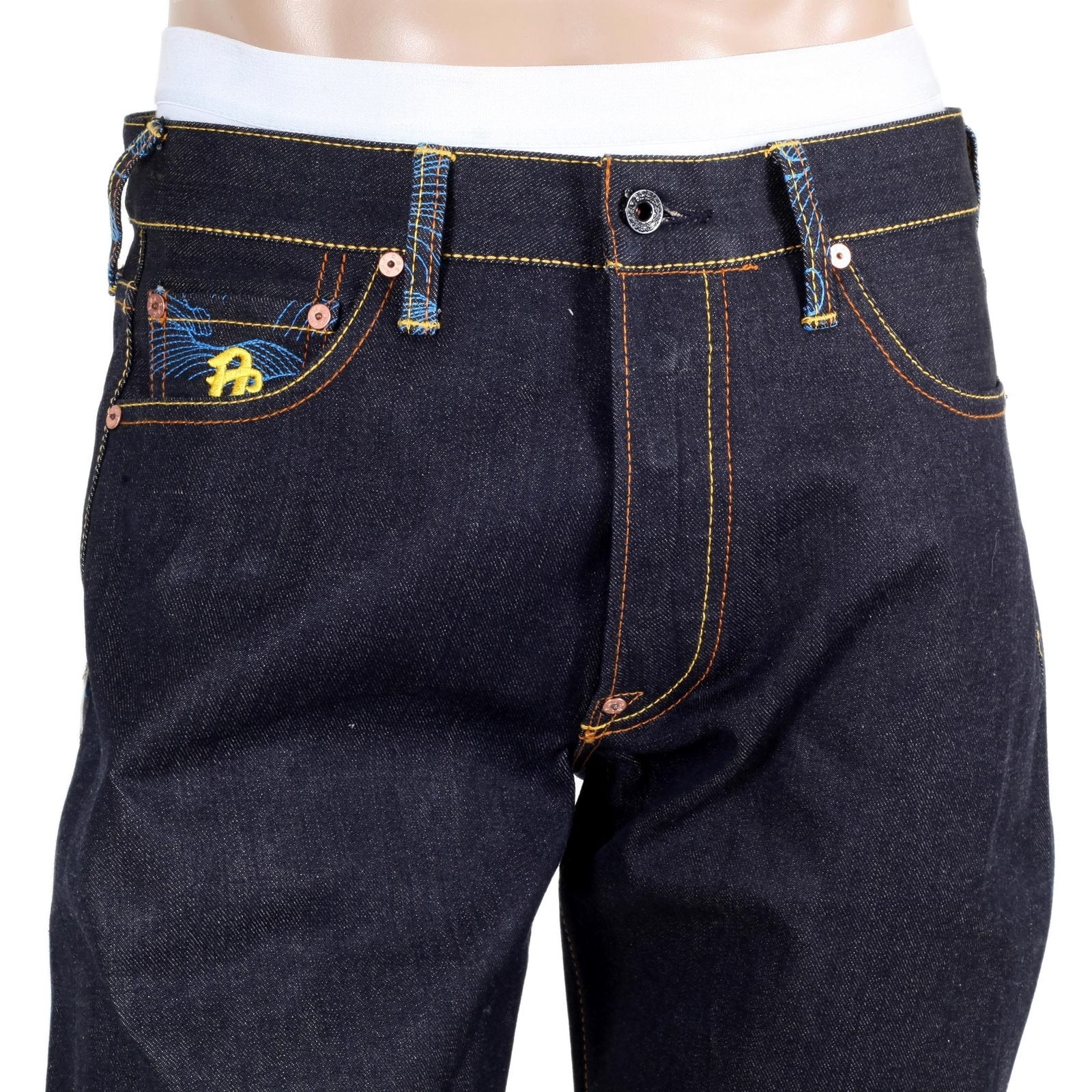 RMC MARTIN KSOHOH INDIGO RAW SELVEDGE JEANS WITH EXCLUSIVE KOKUUZOU BOSATU YEAR OF THE OX EMBROIDERY REDM3092