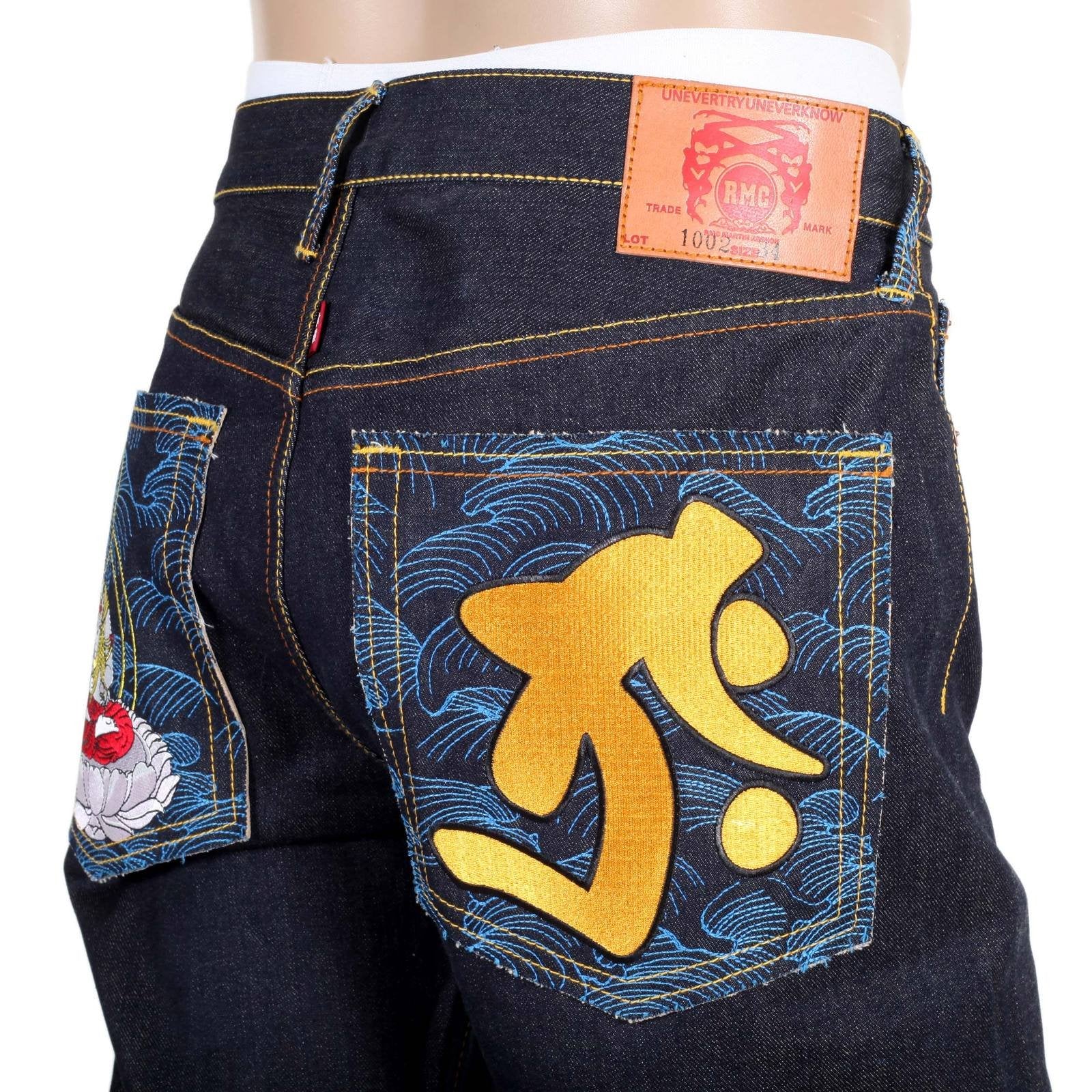 RMC MARTIN KSOHOH INDIGO RAW SELVEDGE JEANS WITH EXCLUSIVE KOKUUZOU BOSATU YEAR OF THE OX EMBROIDERY REDM3092