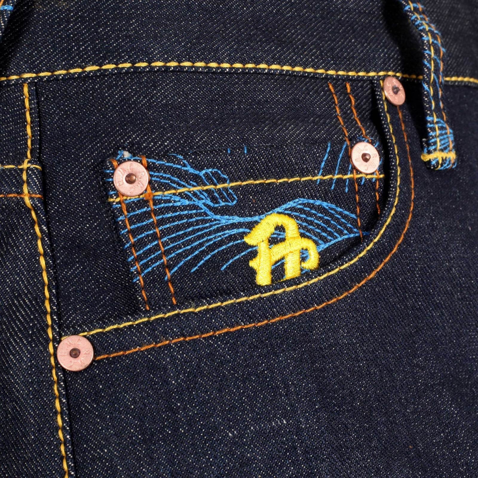 RMC MARTIN KSOHOH INDIGO RAW SELVEDGE JEANS WITH EXCLUSIVE KOKUUZOU BOSATU YEAR OF THE OX EMBROIDERY REDM3092
