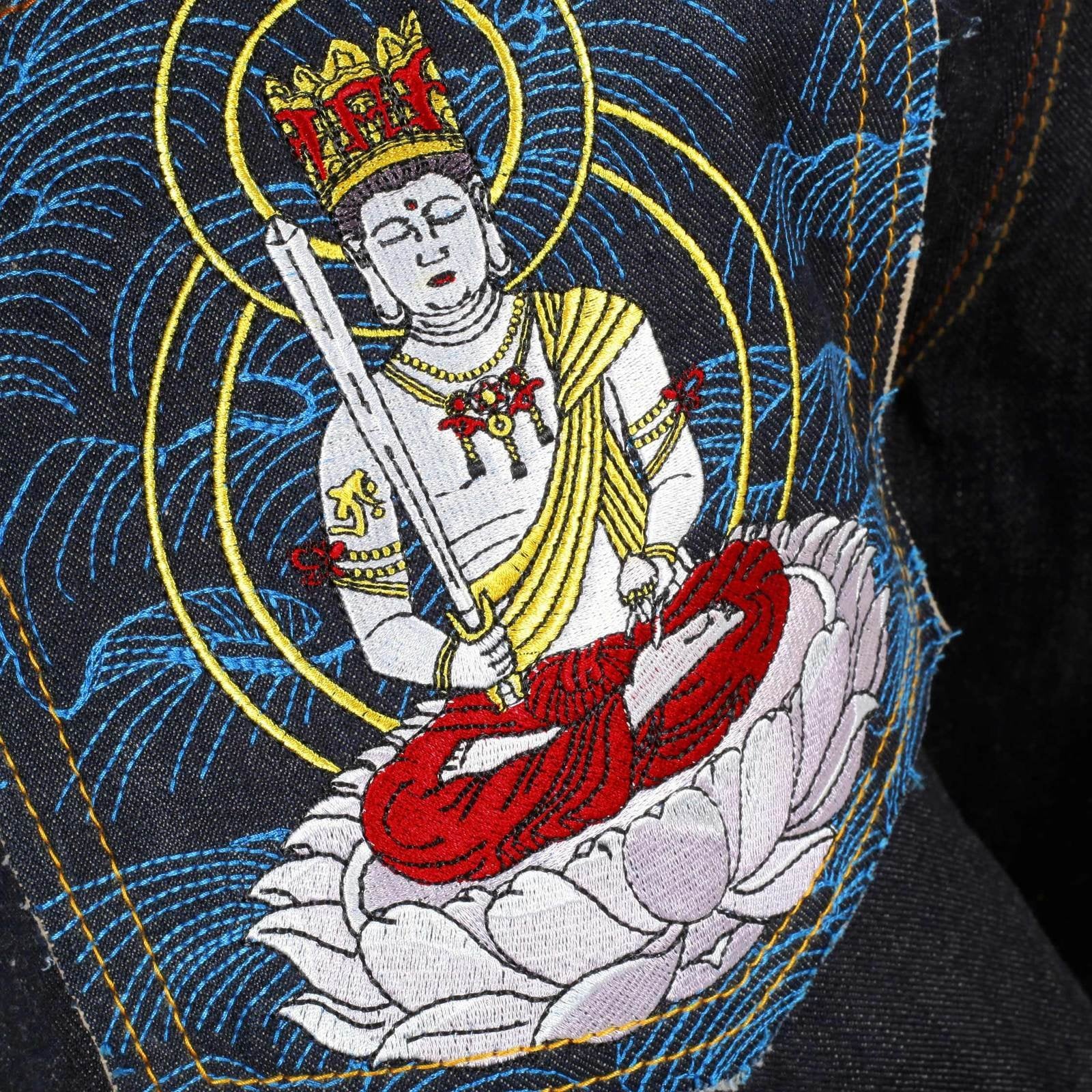 RMC MARTIN KSOHOH INDIGO RAW SELVEDGE JEANS WITH EXCLUSIVE KOKUUZOU BOSATU YEAR OF THE OX EMBROIDERY REDM3092