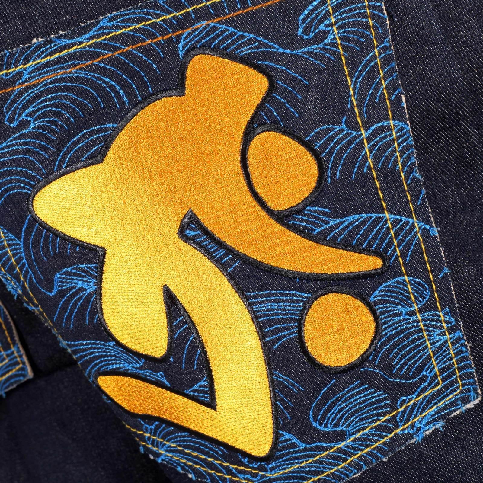 RMC MARTIN KSOHOH INDIGO RAW SELVEDGE JEANS WITH EXCLUSIVE KOKUUZOU BOSATU YEAR OF THE OX EMBROIDERY REDM3092