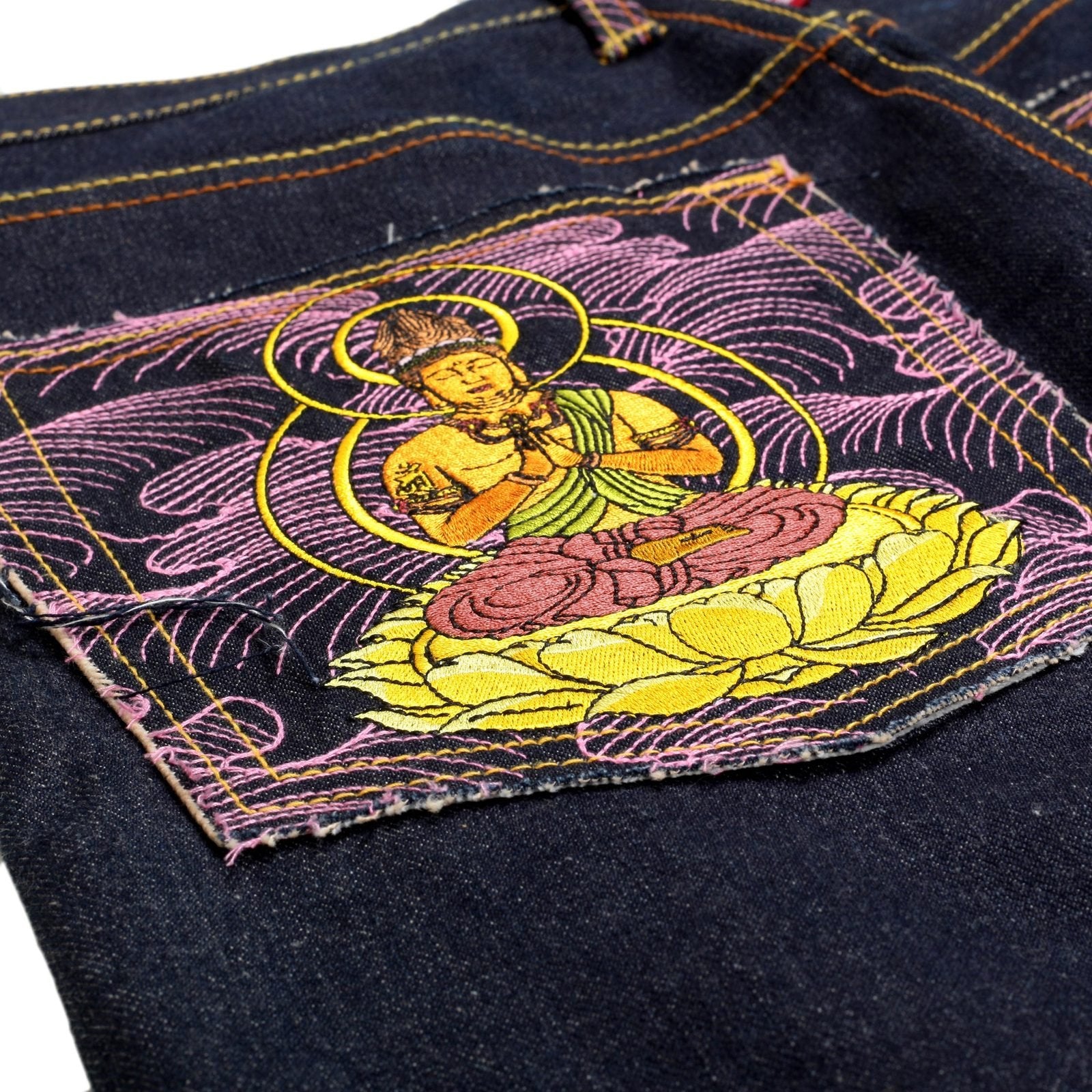 RMC MARTIN KSOHOH INDIGO RAW SELVEDGE JEANS WITH EXCLUSIVE FUGEN BOSATU YEAR OF THE DRAGON EMBROIDERY REDM3095