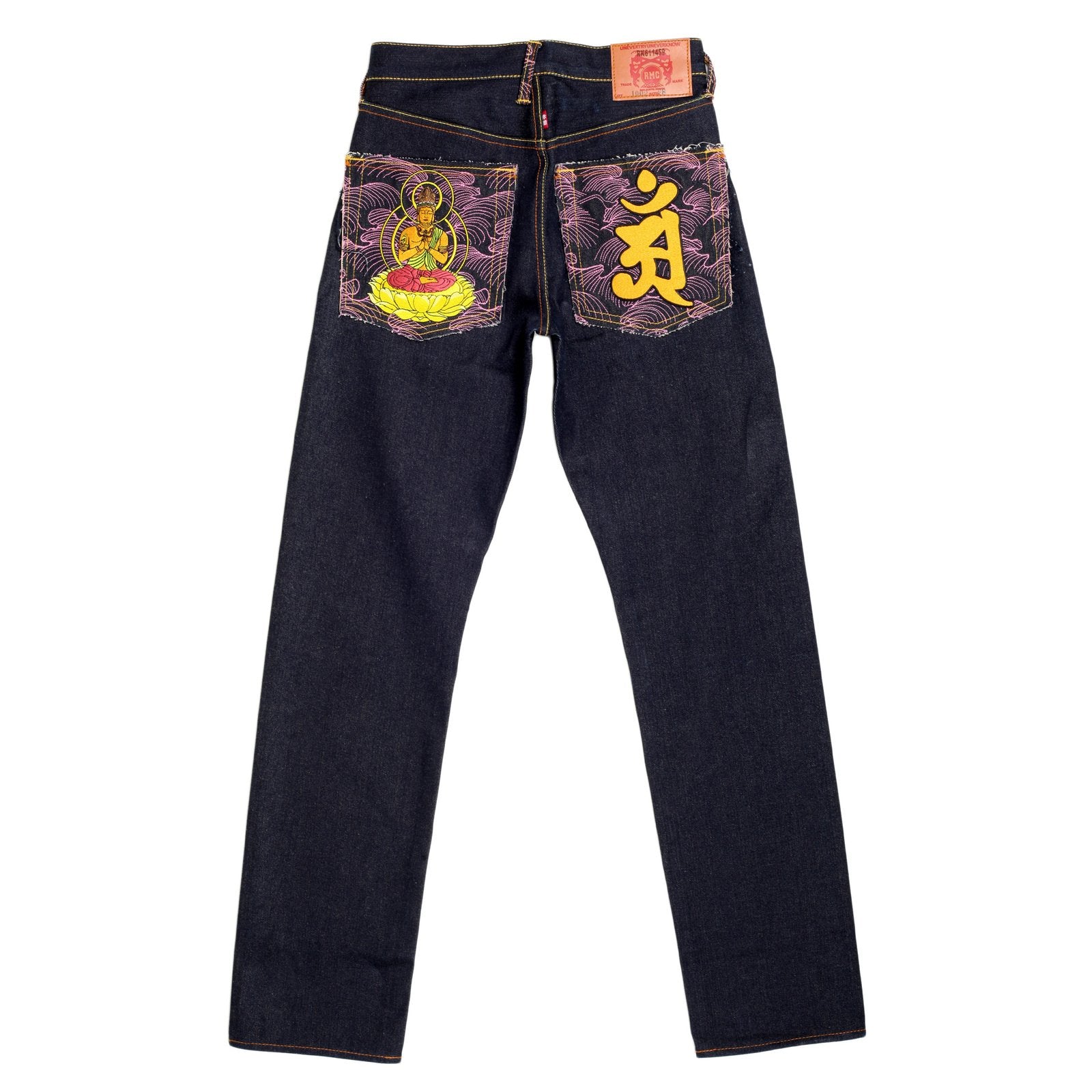 RMC MARTIN KSOHOH INDIGO RAW SELVEDGE JEANS WITH EXCLUSIVE FUGEN BOSATU YEAR OF THE DRAGON EMBROIDERY REDM3095