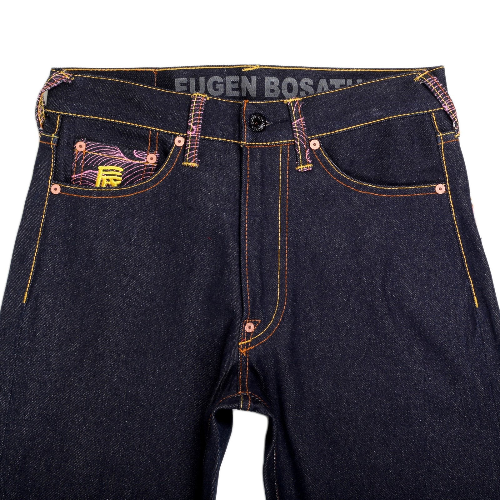 RMC MARTIN KSOHOH INDIGO RAW SELVEDGE JEANS WITH EXCLUSIVE FUGEN BOSATU YEAR OF THE DRAGON EMBROIDERY REDM3095
