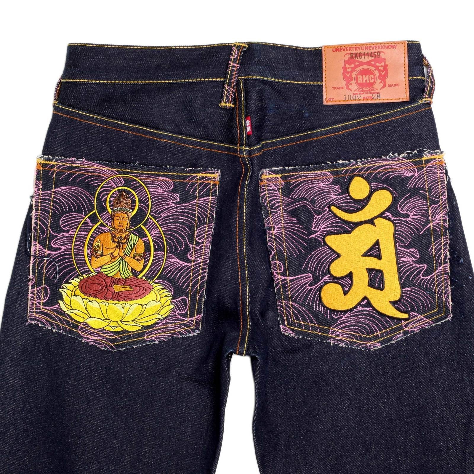 RMC MARTIN KSOHOH INDIGO RAW SELVEDGE JEANS WITH EXCLUSIVE FUGEN BOSATU YEAR OF THE DRAGON EMBROIDERY REDM3095