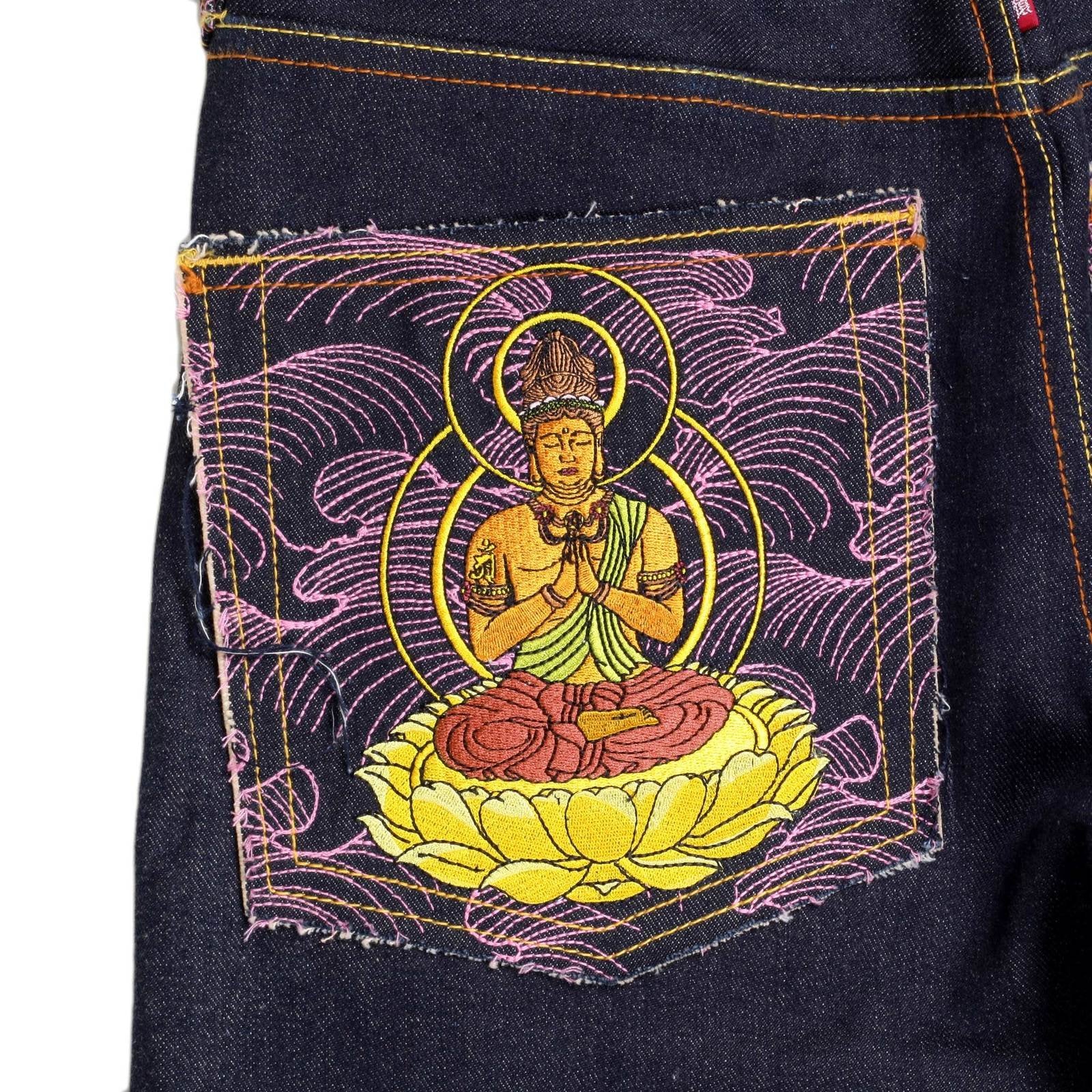 RMC MARTIN KSOHOH INDIGO RAW SELVEDGE JEANS WITH EXCLUSIVE FUGEN BOSATU YEAR OF THE DRAGON EMBROIDERY REDM3095