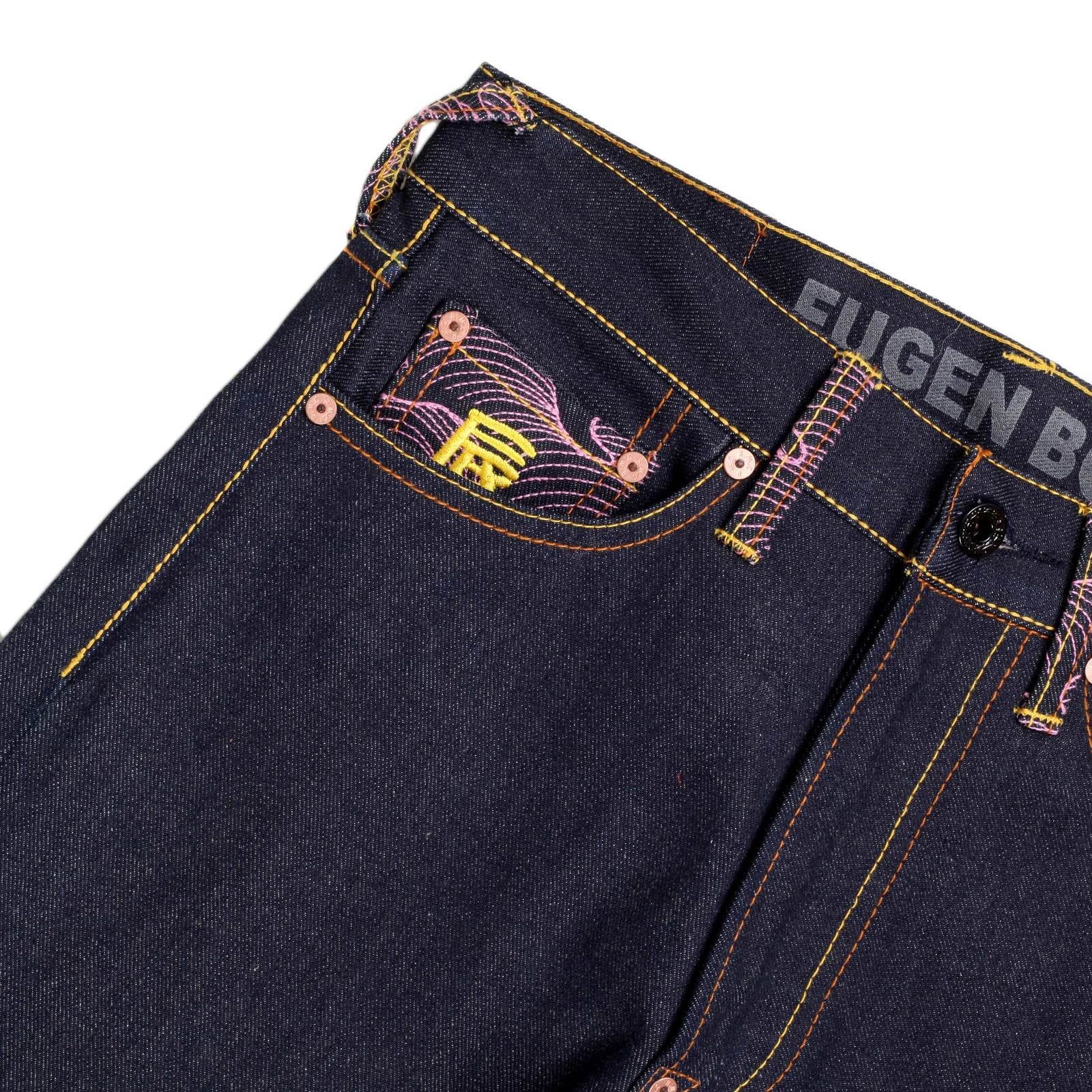RMC MARTIN KSOHOH INDIGO RAW SELVEDGE JEANS WITH EXCLUSIVE FUGEN BOSATU YEAR OF THE DRAGON EMBROIDERY REDM3095