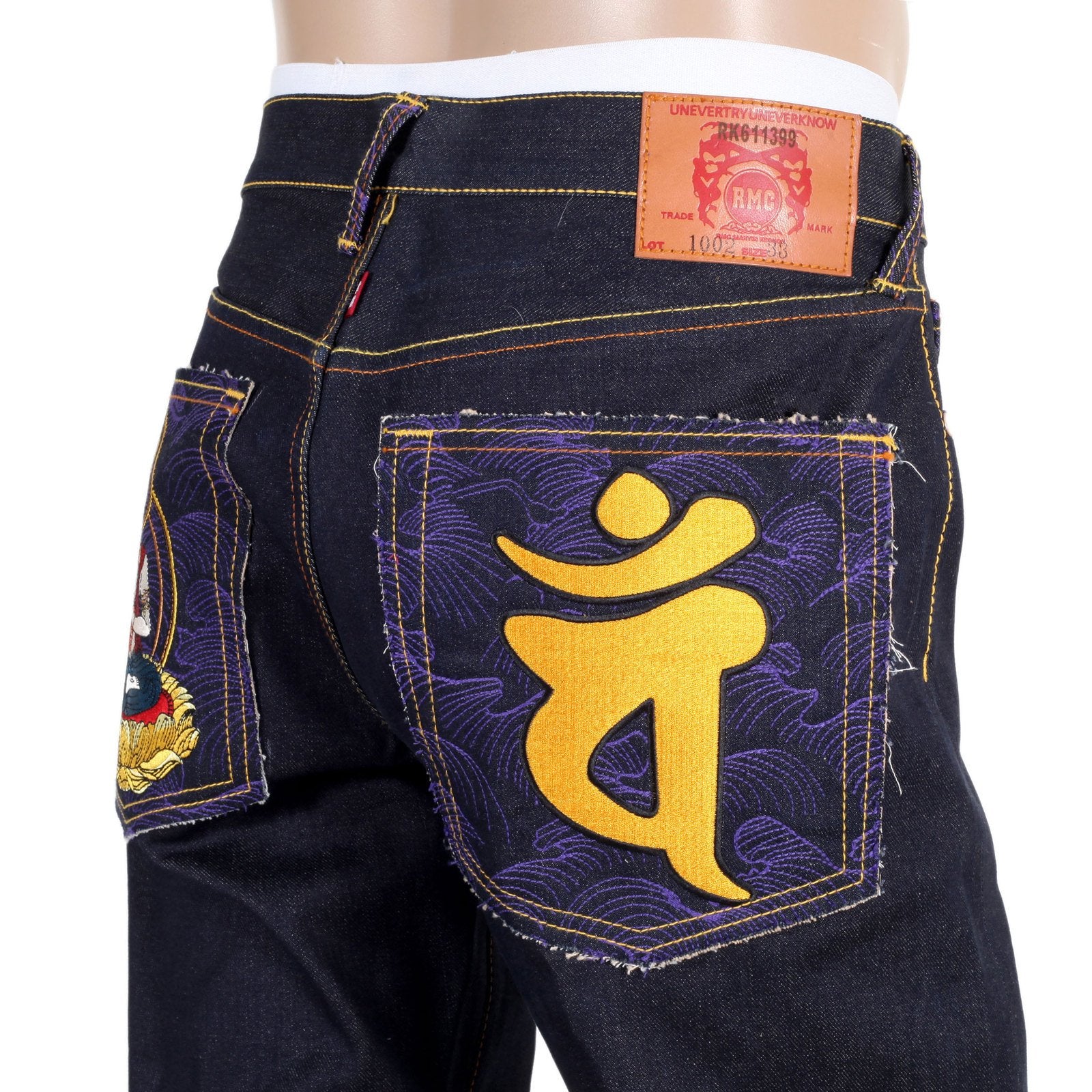 RMC MARTIN KSOHOH INDIGO RAW SELVEDGE JEANS WITH EXCLUSIVE DAINITI NYORAI YEAR OF THE MONKEY EMBROIDERY REDM3099