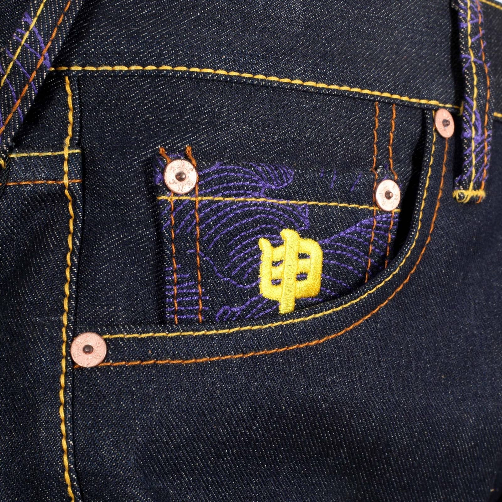 RMC MARTIN KSOHOH INDIGO RAW SELVEDGE JEANS WITH EXCLUSIVE DAINITI NYORAI YEAR OF THE MONKEY EMBROIDERY REDM3099
