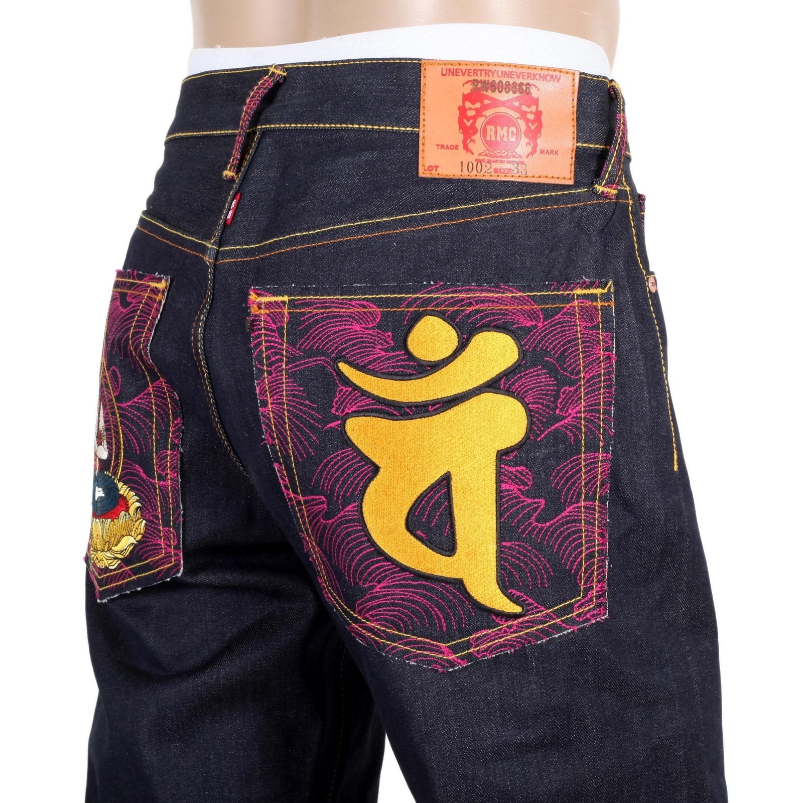 RMC MARTIN KSOHOH INDIGO RAW SELVEDGE JEANS WITH EXCLUSIVE DAINITI NYORAI YEAR OF THE RAM EMBROIDERY REDM3104