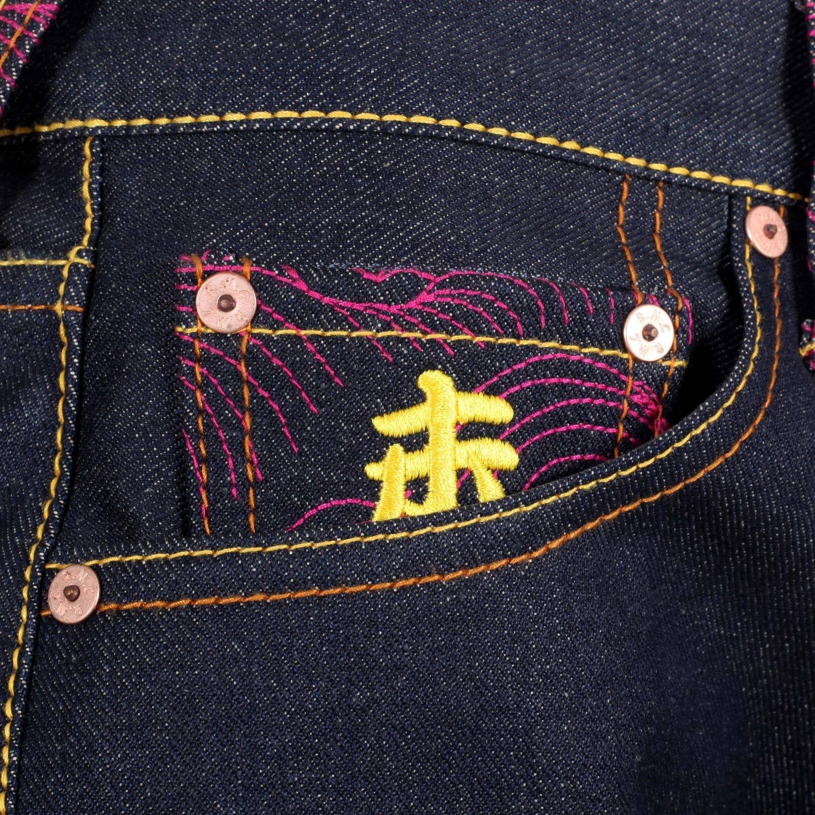 RMC MARTIN KSOHOH INDIGO RAW SELVEDGE JEANS WITH EXCLUSIVE DAINITI NYORAI YEAR OF THE RAM EMBROIDERY REDM3104