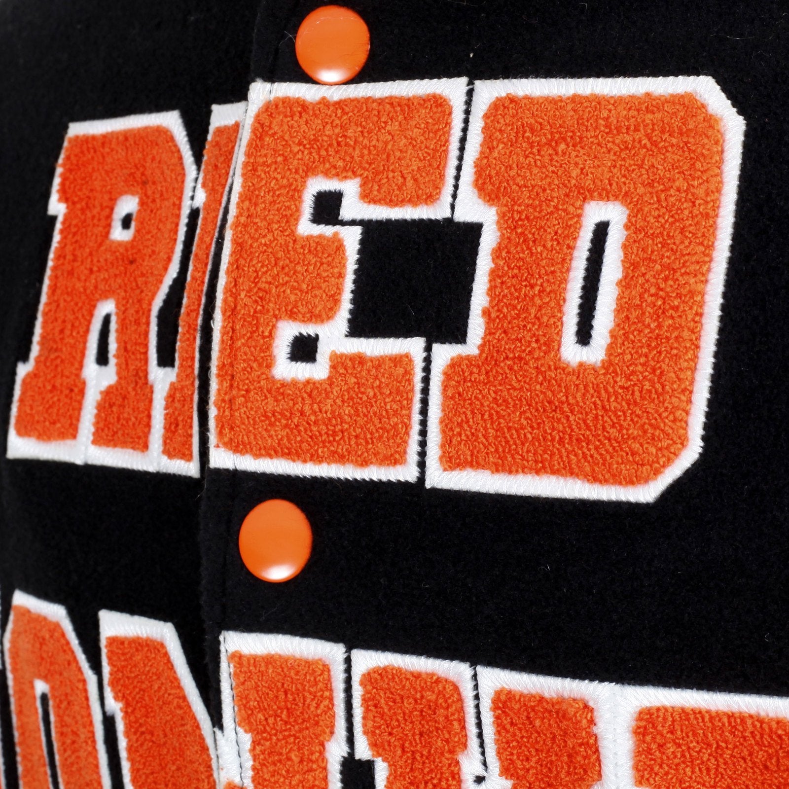 RMC JEANS BLACK VARSITY REGULAR FIT BASEBALL JACKET WITH ORANGE APPLIQUE LETTERING AND WHITE OUTLINE REDM3113