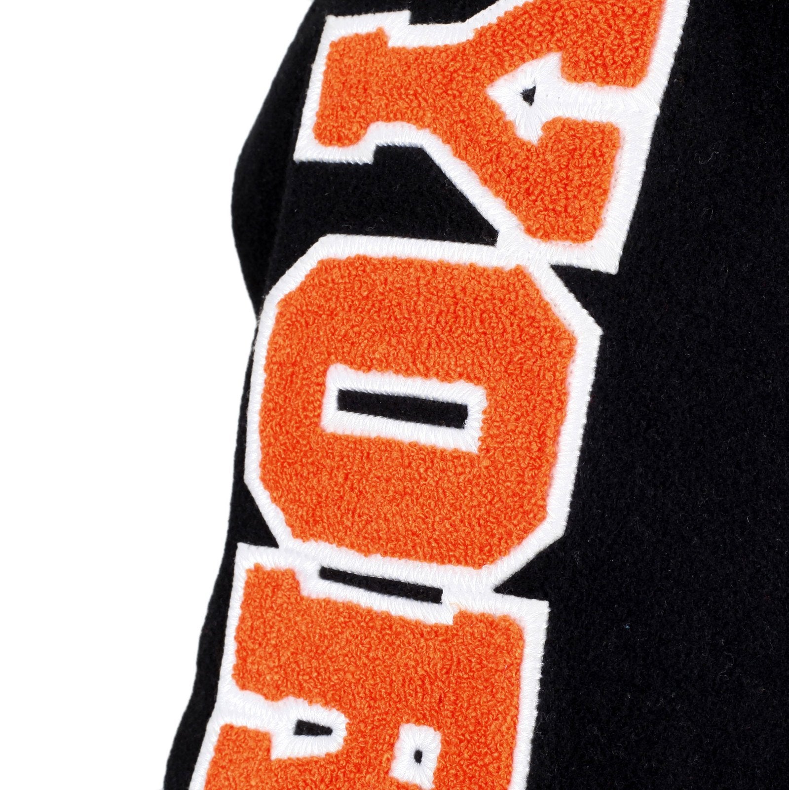 RMC JEANS BLACK VARSITY REGULAR FIT BASEBALL JACKET WITH ORANGE APPLIQUE LETTERING AND WHITE OUTLINE REDM3113