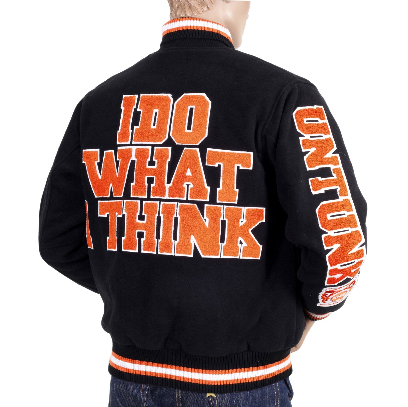 RMC JEANS BLACK VARSITY REGULAR FIT BASEBALL JACKET WITH ORANGE APPLIQUE LETTERING AND WHITE OUTLINE REDM3113