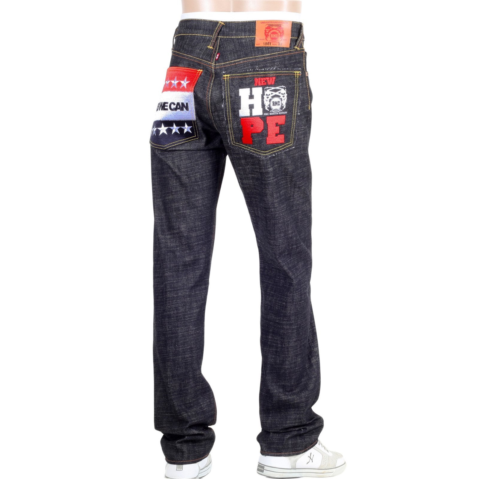 RMC JEANS BLACK RAW SELVEDGE JEANS WITH SUPER EXCLUSIVE OBAMA YES WE CAN NEW HOPE EMBROIDERY REDM3118