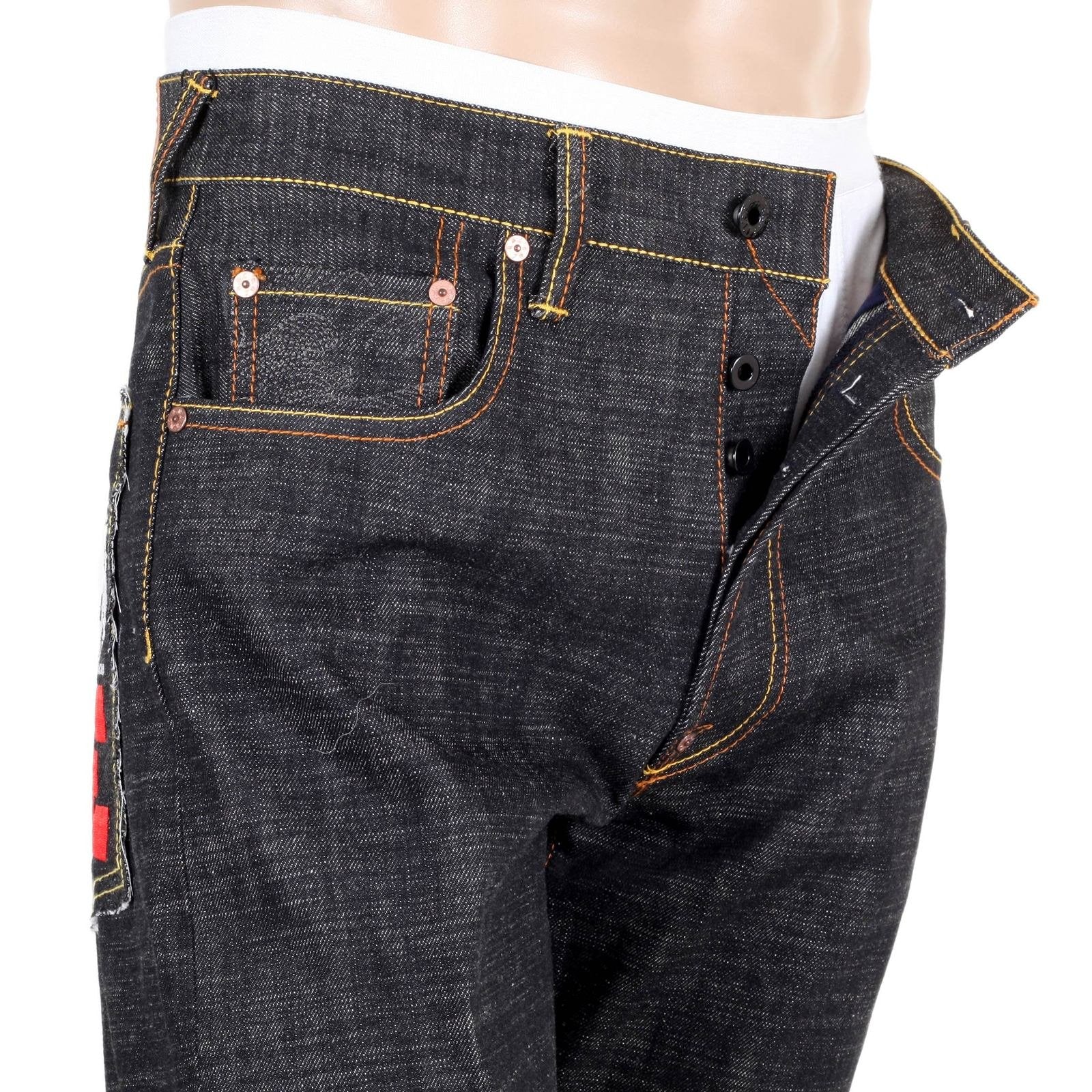 RMC JEANS BLACK RAW SELVEDGE JEANS WITH SUPER EXCLUSIVE OBAMA YES WE CAN NEW HOPE EMBROIDERY REDM3118
