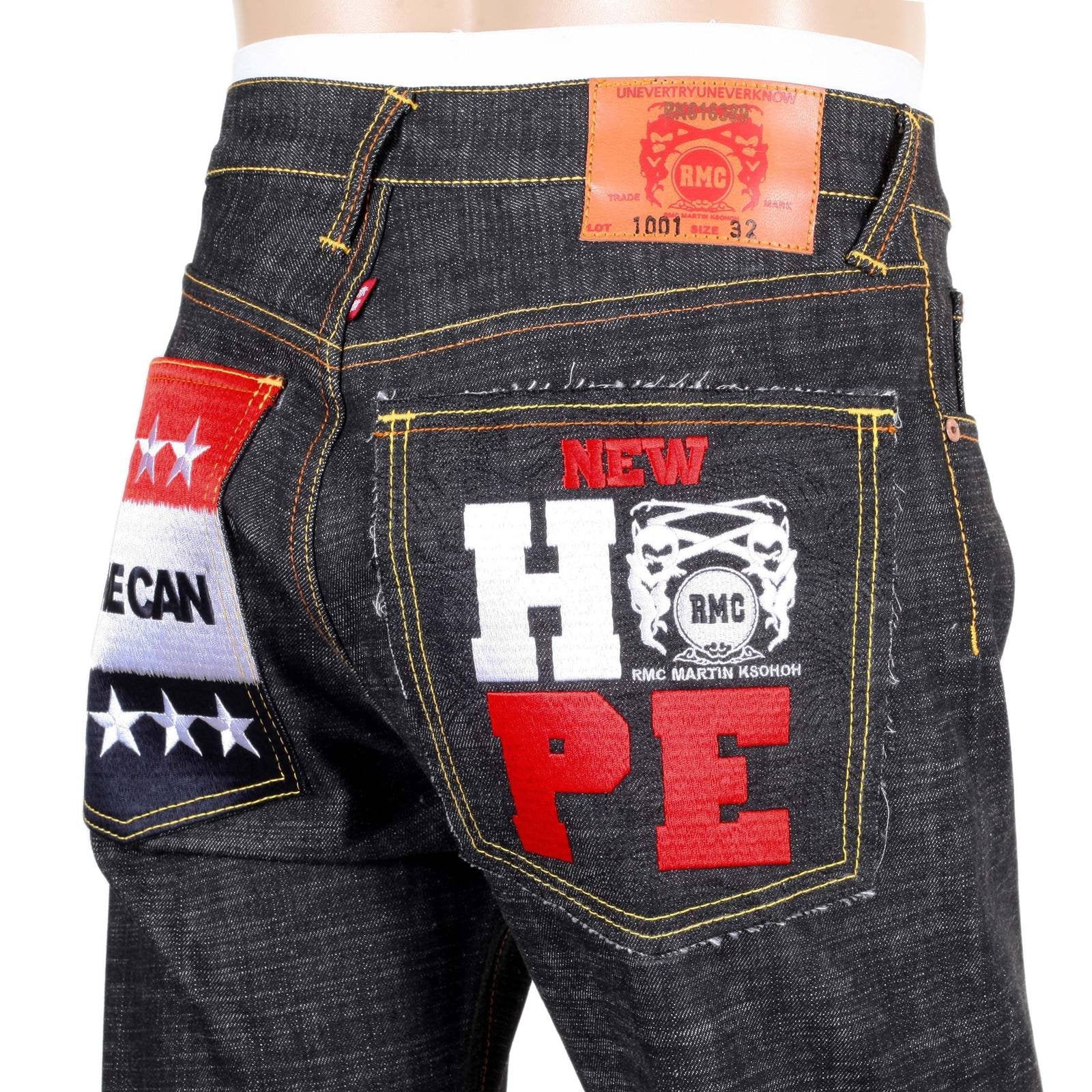 RMC JEANS BLACK RAW SELVEDGE JEANS WITH SUPER EXCLUSIVE OBAMA YES WE CAN NEW HOPE EMBROIDERY REDM3118