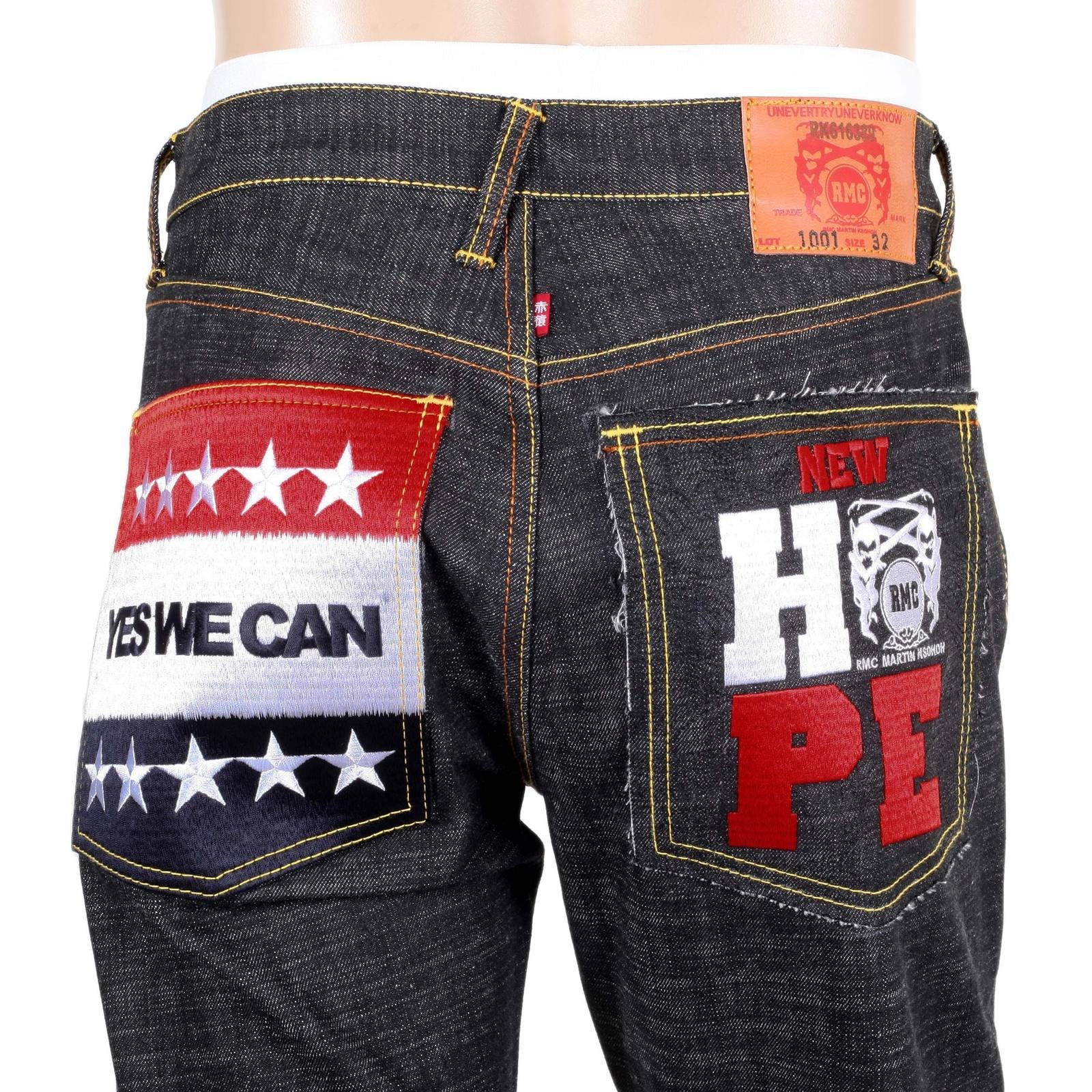 RMC JEANS BLACK RAW SELVEDGE JEANS WITH SUPER EXCLUSIVE OBAMA YES WE CAN NEW HOPE EMBROIDERY REDM3118