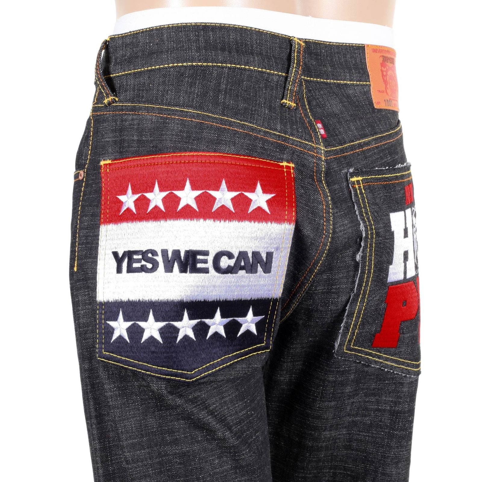 RMC JEANS BLACK RAW SELVEDGE JEANS WITH SUPER EXCLUSIVE OBAMA YES WE CAN NEW HOPE EMBROIDERY REDM3118