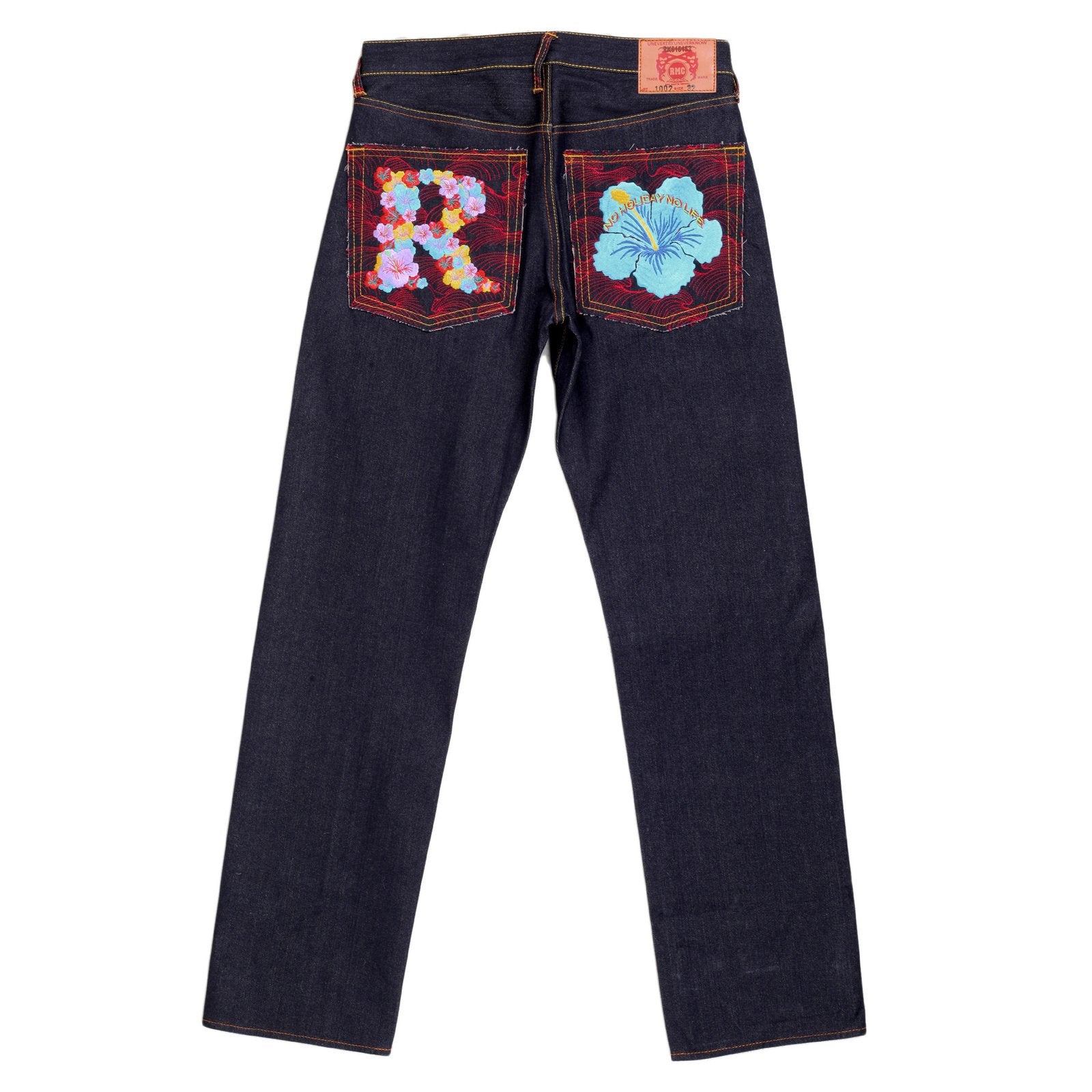 RMC JEANS HOLIDAY FLOWER EMBROIDERED VINTAGE CUT RAW SELVEDGE DARK INDIGO DENIM JEANS REDM3252