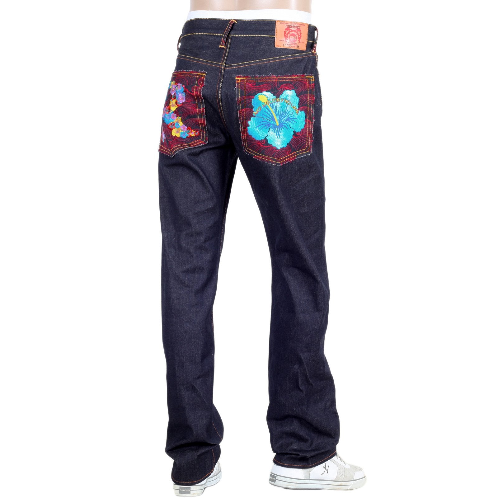 RMC JEANS HOLIDAY FLOWER EMBROIDERED VINTAGE CUT RAW SELVEDGE DARK INDIGO DENIM JEANS REDM3252