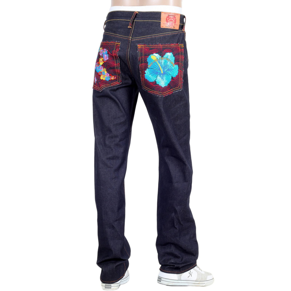 RMC JEANS HOLIDAY FLOWER EMBROIDERED VINTAGE CUT RAW SELVEDGE DARK INDIGO DENIM JEANS REDM3252