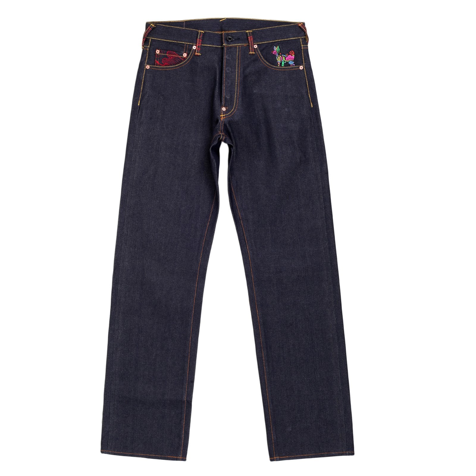 RMC JEANS HOLIDAY FLOWER EMBROIDERED VINTAGE CUT RAW SELVEDGE DARK INDIGO DENIM JEANS REDM3252