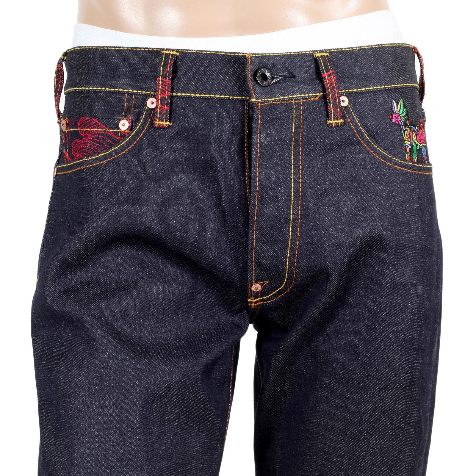 RMC JEANS HOLIDAY FLOWER EMBROIDERED VINTAGE CUT RAW SELVEDGE DARK INDIGO DENIM JEANS REDM3252