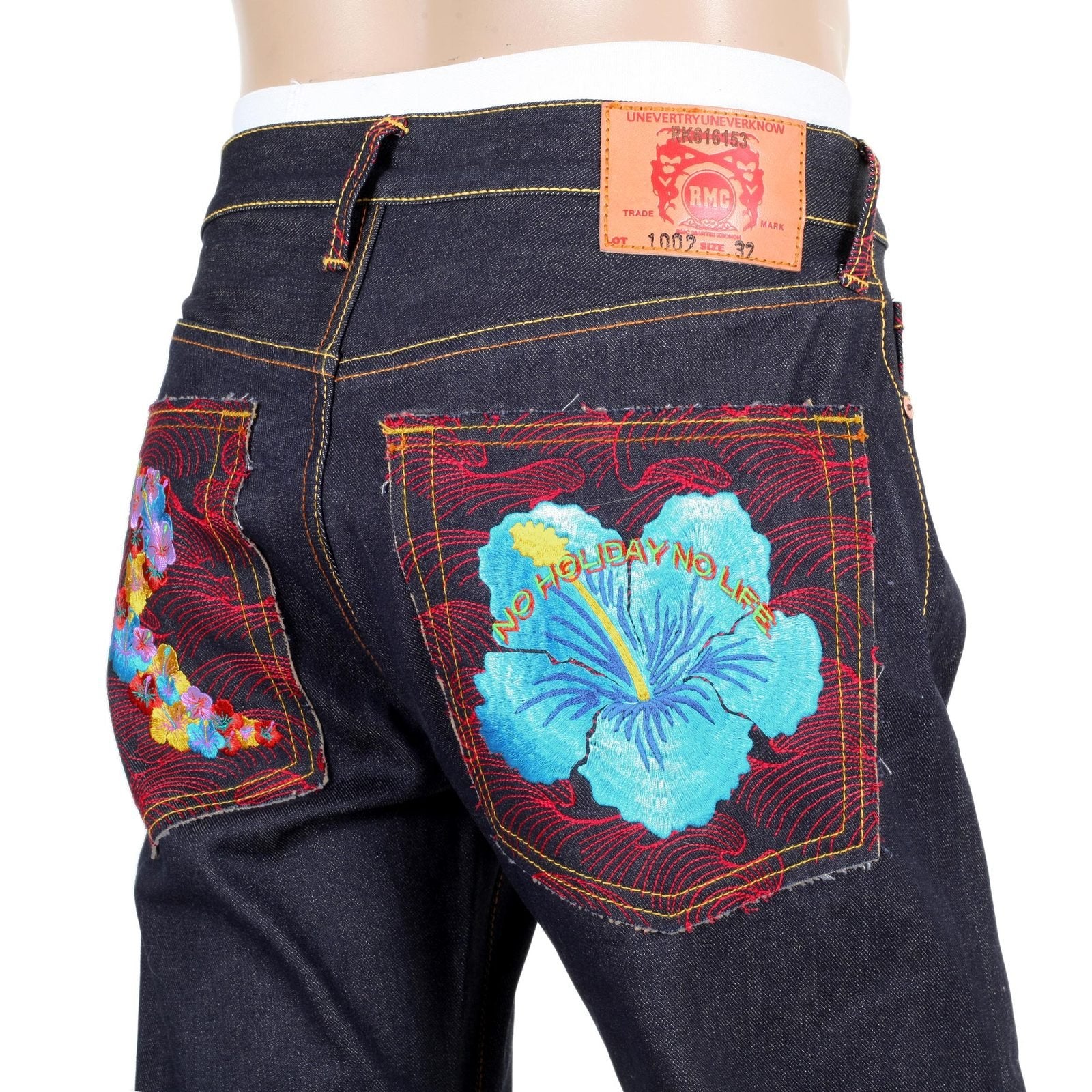 RMC JEANS HOLIDAY FLOWER EMBROIDERED VINTAGE CUT RAW SELVEDGE DARK INDIGO DENIM JEANS REDM3252