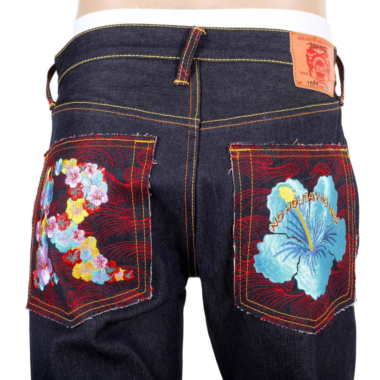 RMC JEANS HOLIDAY FLOWER EMBROIDERED VINTAGE CUT RAW SELVEDGE DARK INDIGO DENIM JEANS REDM3252