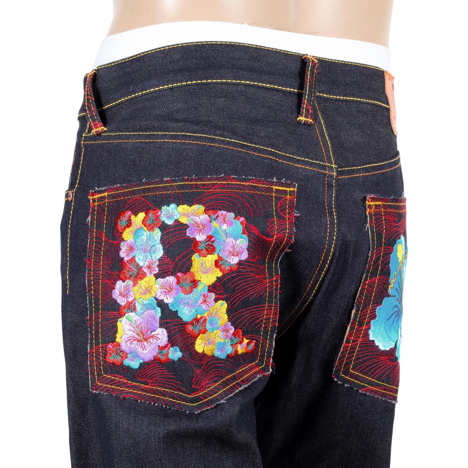 RMC JEANS HOLIDAY FLOWER EMBROIDERED VINTAGE CUT RAW SELVEDGE DARK INDIGO DENIM JEANS REDM3252