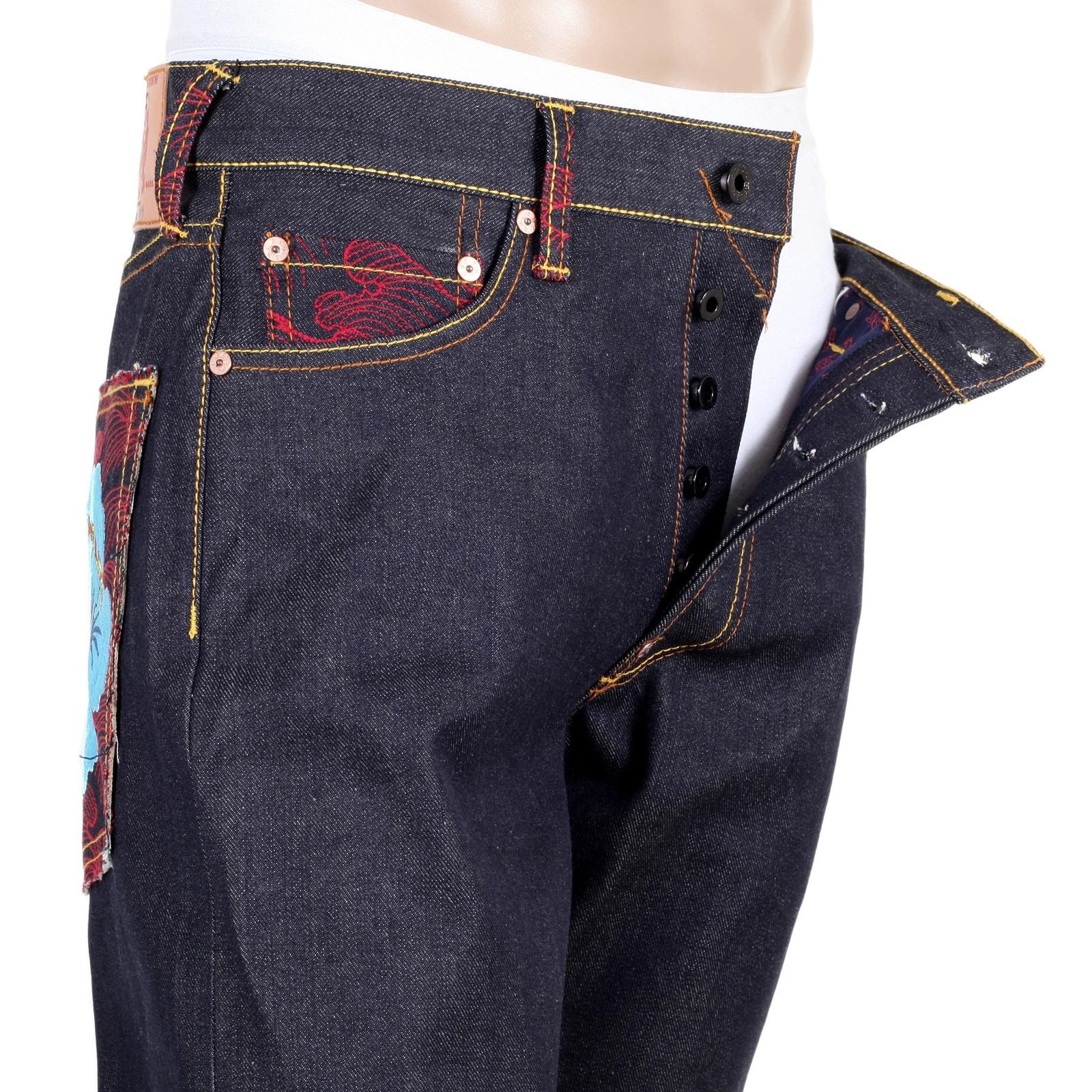RMC JEANS HOLIDAY FLOWER EMBROIDERED VINTAGE CUT RAW SELVEDGE DARK INDIGO DENIM JEANS REDM3252