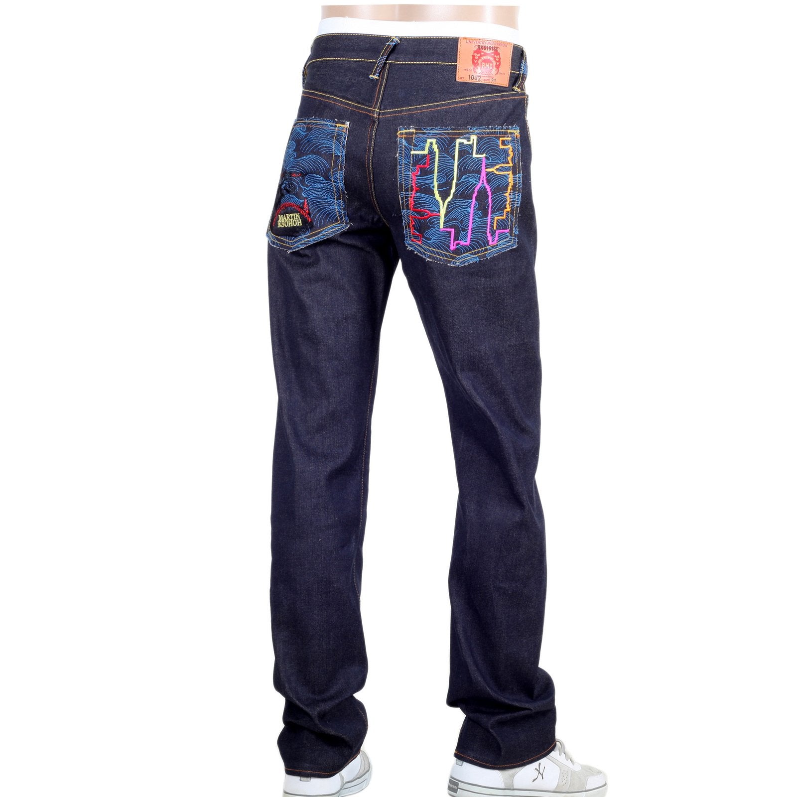 RMC SUPER EXCLUSIVE EMBROIDERED KING KONG VINTAGE CUT DARK INDIGO RED-GREEN SELVEDGE RAW DENIM JEANS REDM3253