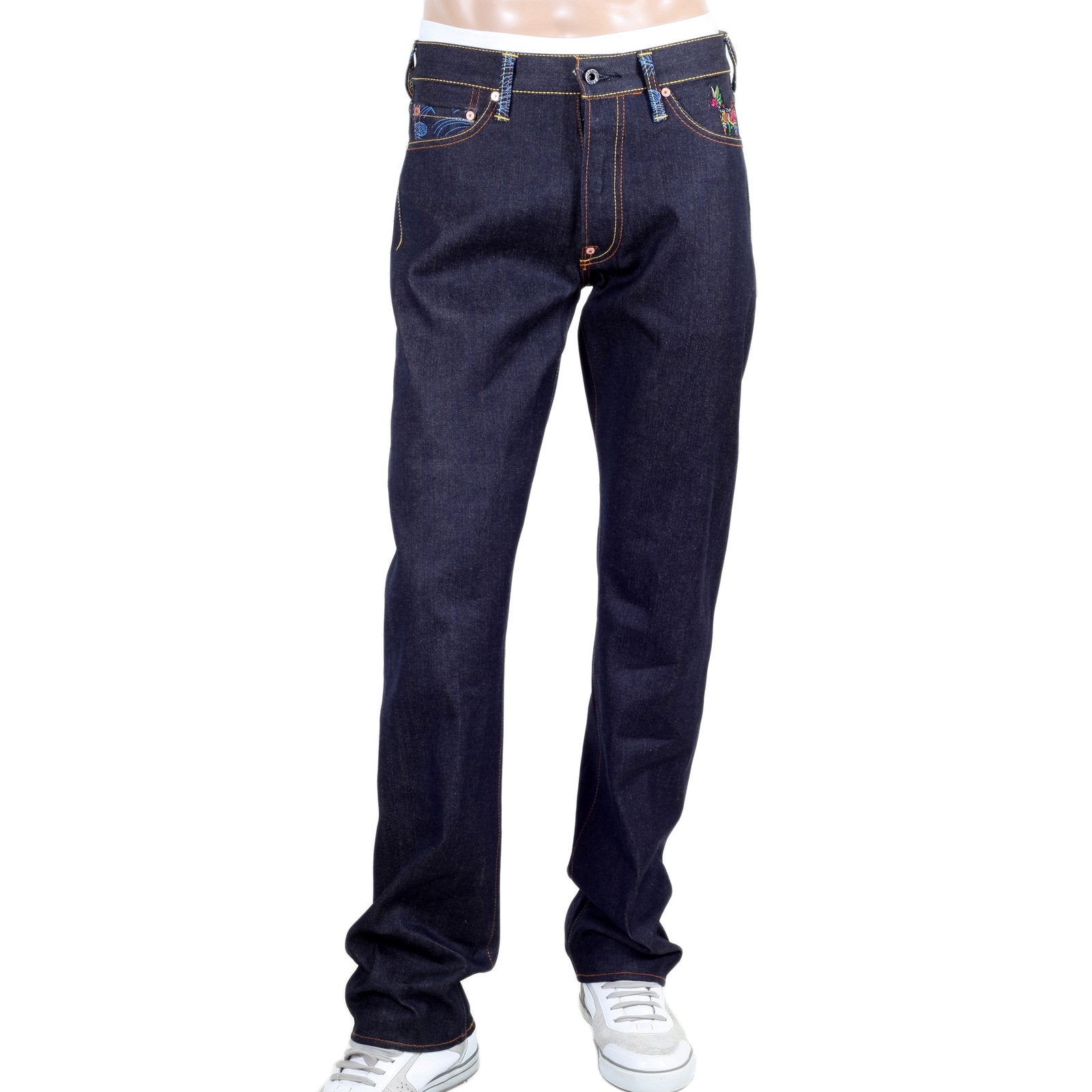 RMC SUPER EXCLUSIVE EMBROIDERED KING KONG VINTAGE CUT DARK INDIGO RED-GREEN SELVEDGE RAW DENIM JEANS REDM3253
