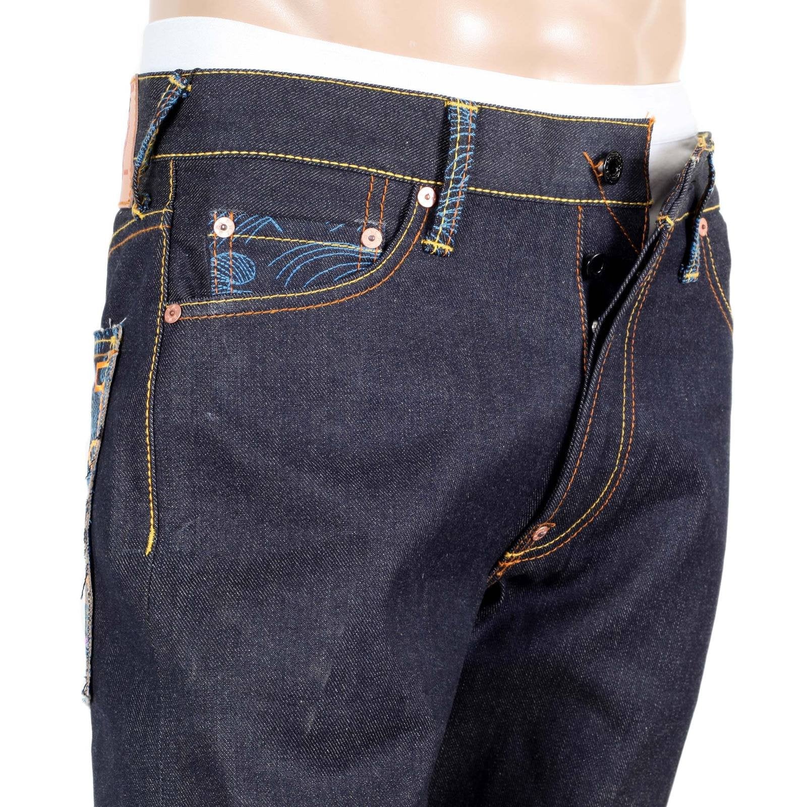 RMC SUPER EXCLUSIVE EMBROIDERED KING KONG VINTAGE CUT DARK INDIGO RED-GREEN SELVEDGE RAW DENIM JEANS REDM3253