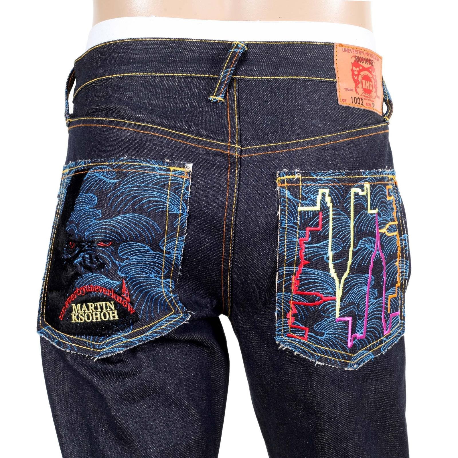 RMC SUPER EXCLUSIVE EMBROIDERED KING KONG VINTAGE CUT DARK INDIGO RED-GREEN SELVEDGE RAW DENIM JEANS REDM3253