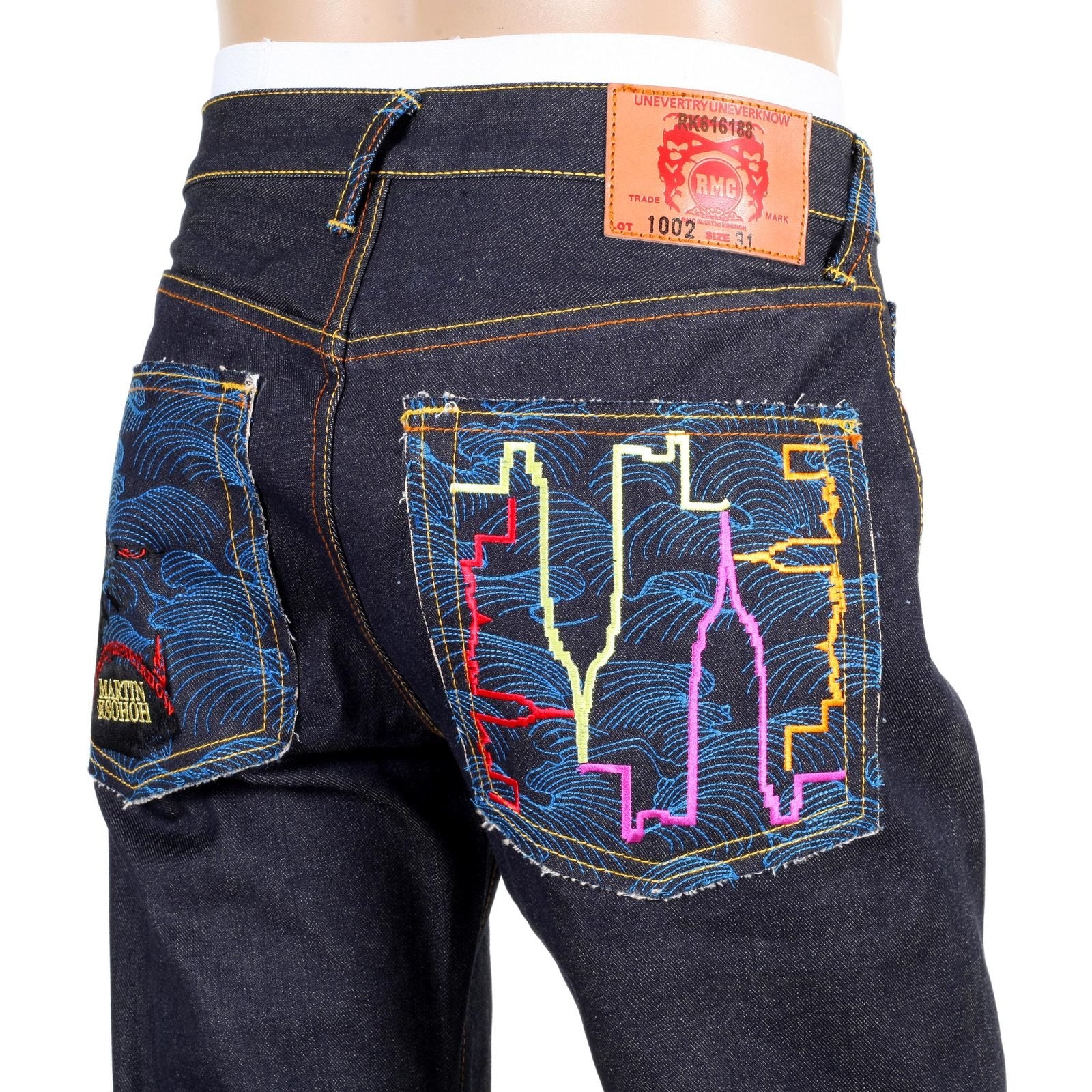 RMC SUPER EXCLUSIVE EMBROIDERED KING KONG VINTAGE CUT DARK INDIGO RED-GREEN SELVEDGE RAW DENIM JEANS REDM3253