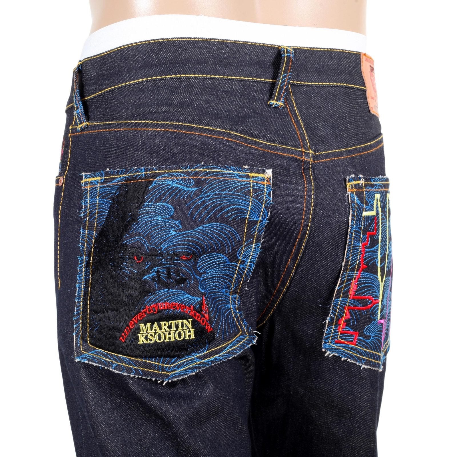 RMC SUPER EXCLUSIVE EMBROIDERED KING KONG VINTAGE CUT DARK INDIGO RED-GREEN SELVEDGE RAW DENIM JEANS REDM3253
