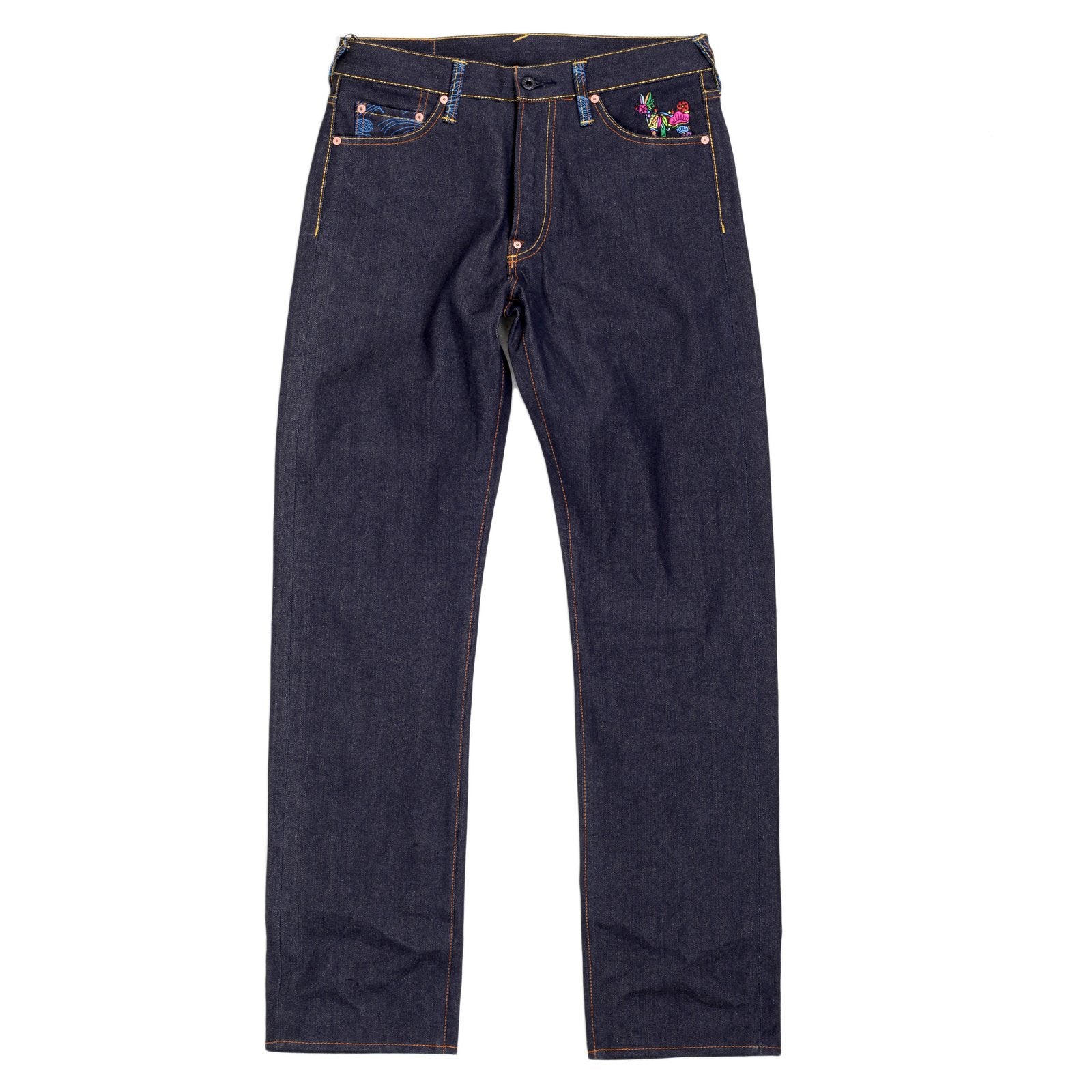 RMC SUPER EXCLUSIVE EMBROIDERED KING KONG VINTAGE CUT DARK INDIGO RED-GREEN SELVEDGE RAW DENIM JEANS REDM3253