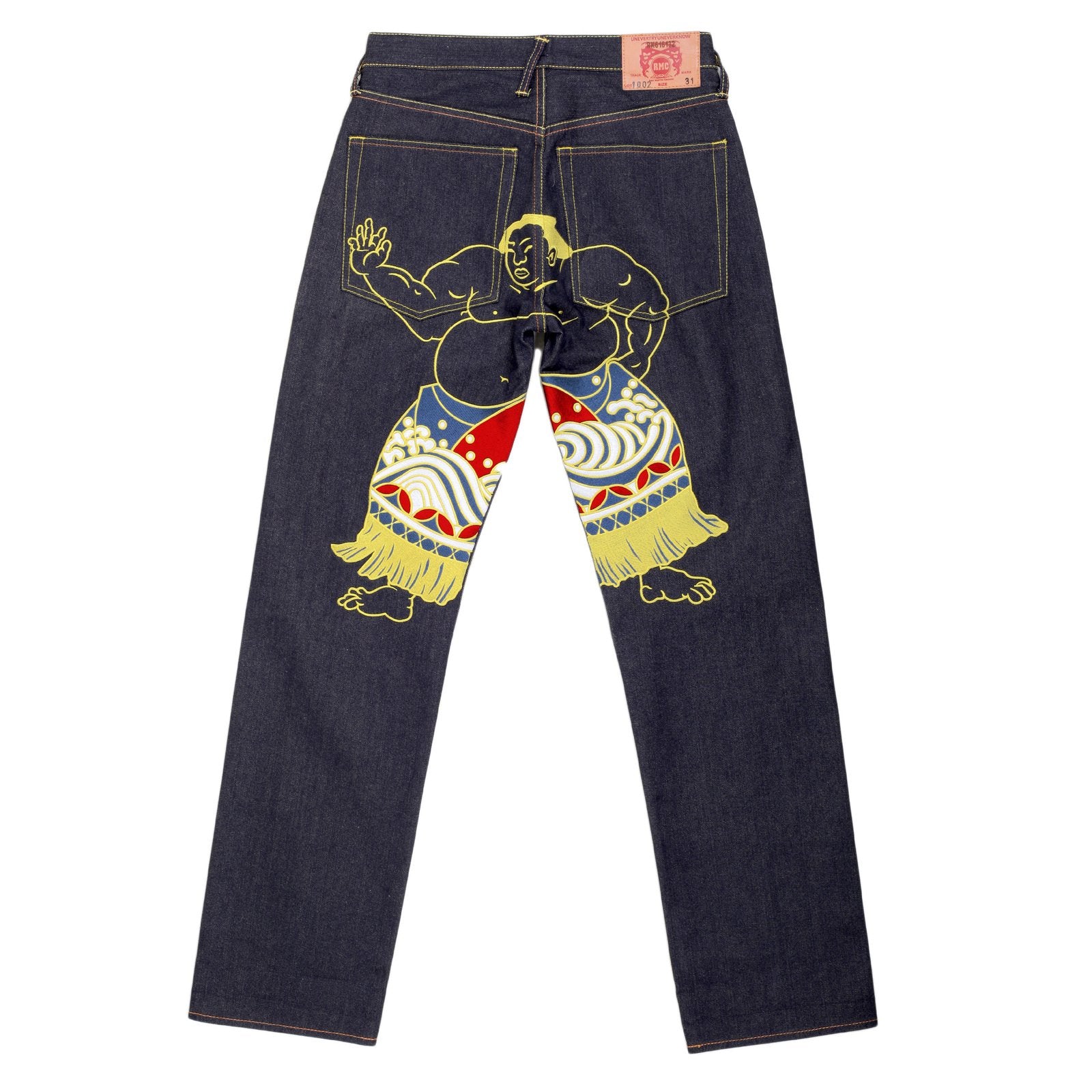 RMC JEANS SUPER EXCLUSIVE DARK INDIGO VINTAGE CUT RAW SELVEDGE DENIM WALKING SUMO EMBROIDERED JEANS REDM3254