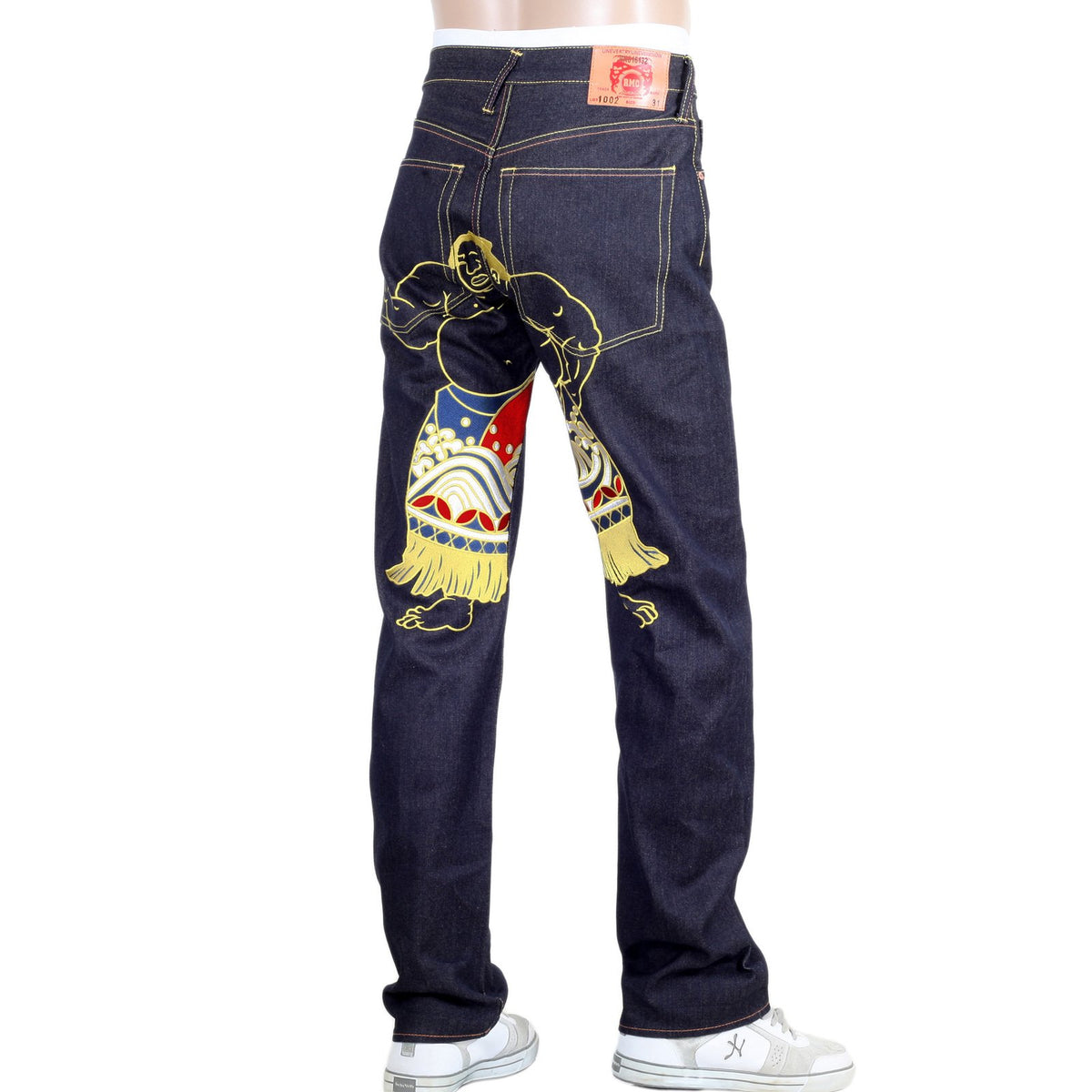 RMC JEANS SUPER EXCLUSIVE DARK INDIGO VINTAGE CUT RAW SELVEDGE DENIM WALKING SUMO EMBROIDERED JEANS REDM3254