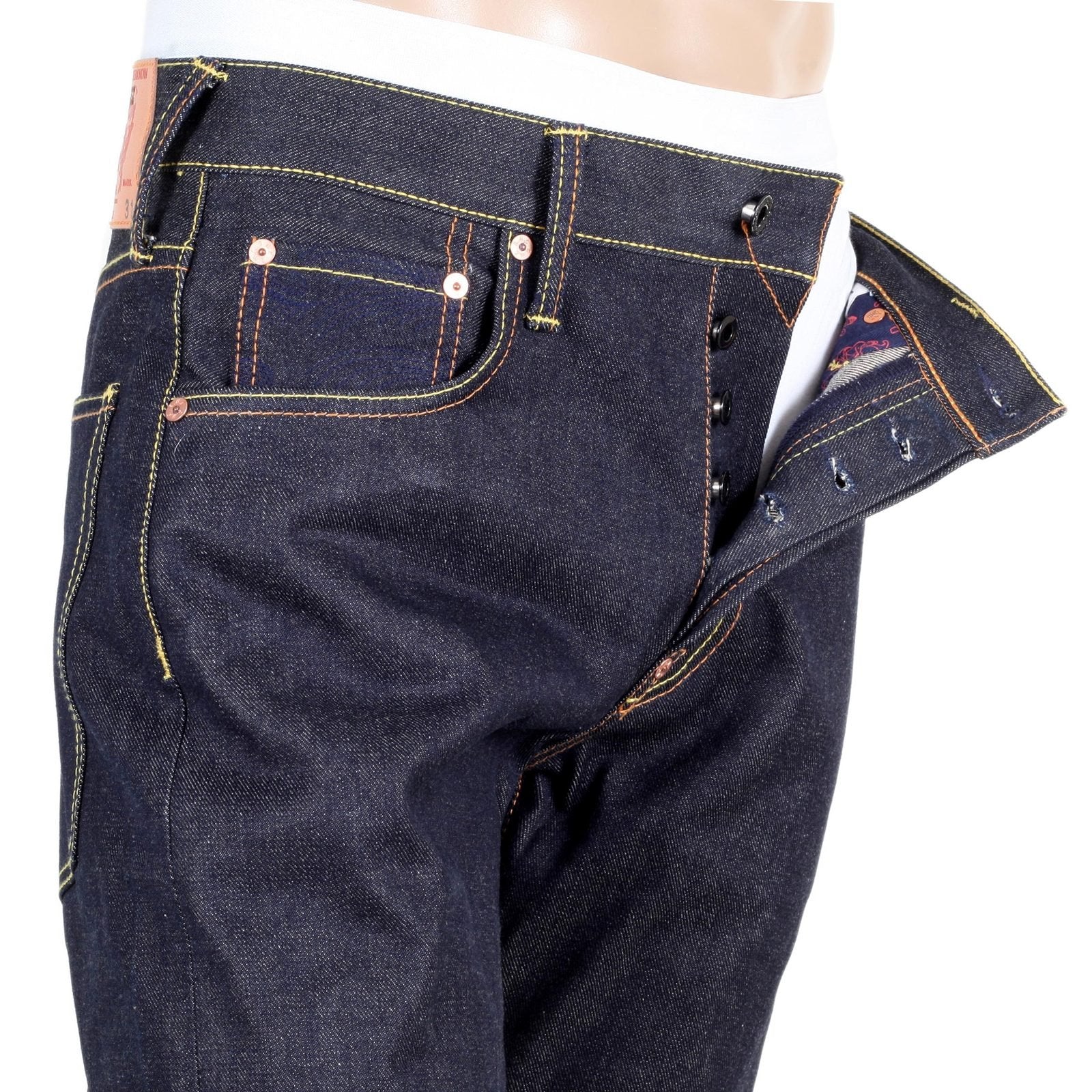 RMC JEANS SUPER EXCLUSIVE DARK INDIGO VINTAGE CUT RAW SELVEDGE DENIM WALKING SUMO EMBROIDERED JEANS REDM3254