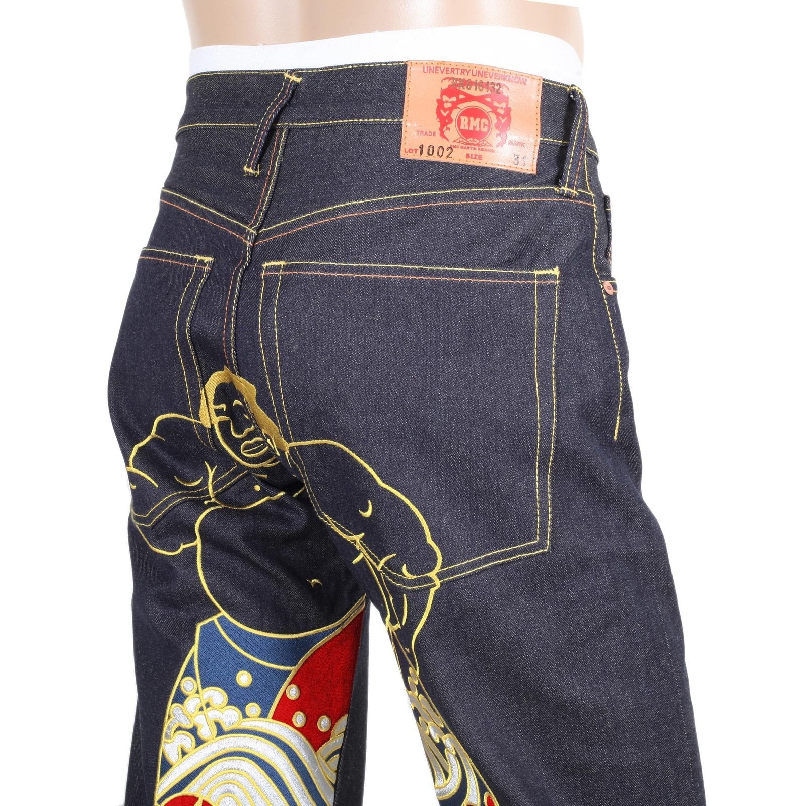 RMC JEANS SUPER EXCLUSIVE DARK INDIGO VINTAGE CUT RAW SELVEDGE DENIM WALKING SUMO EMBROIDERED JEANS REDM3254