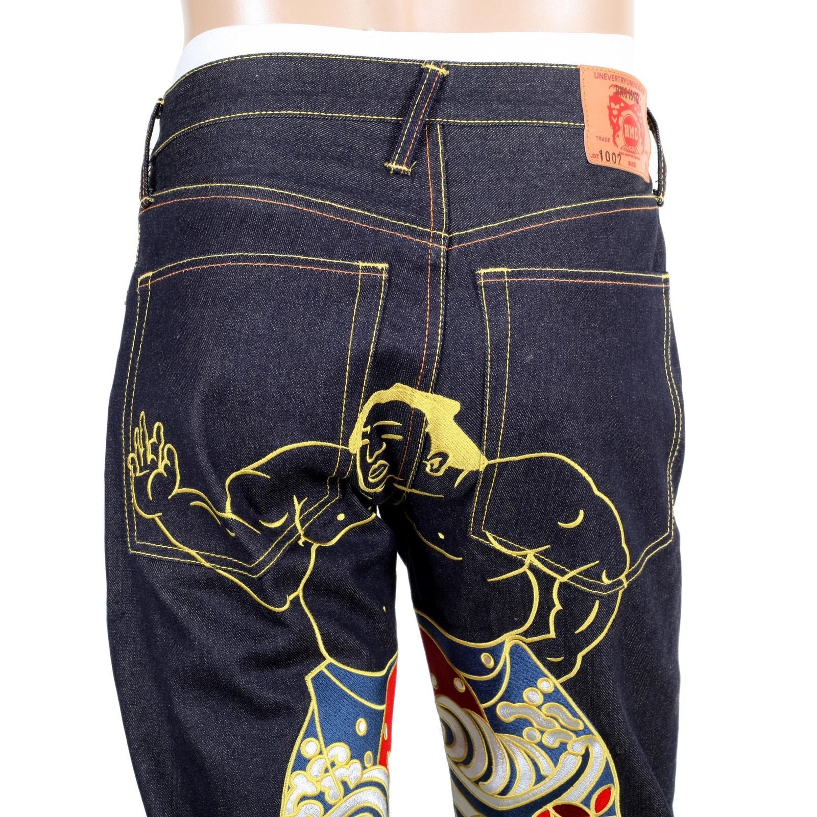 RMC JEANS SUPER EXCLUSIVE DARK INDIGO VINTAGE CUT RAW SELVEDGE DENIM WALKING SUMO EMBROIDERED JEANS REDM3254