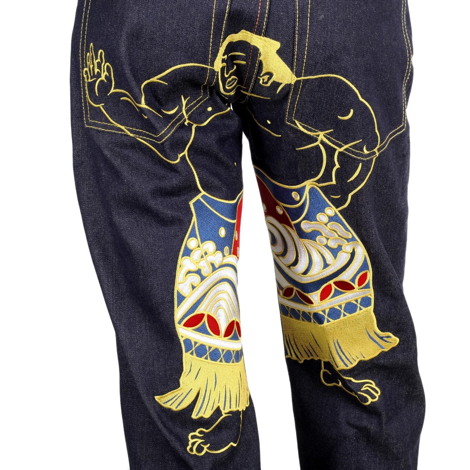 RMC JEANS SUPER EXCLUSIVE DARK INDIGO VINTAGE CUT RAW SELVEDGE DENIM WALKING SUMO EMBROIDERED JEANS REDM3254