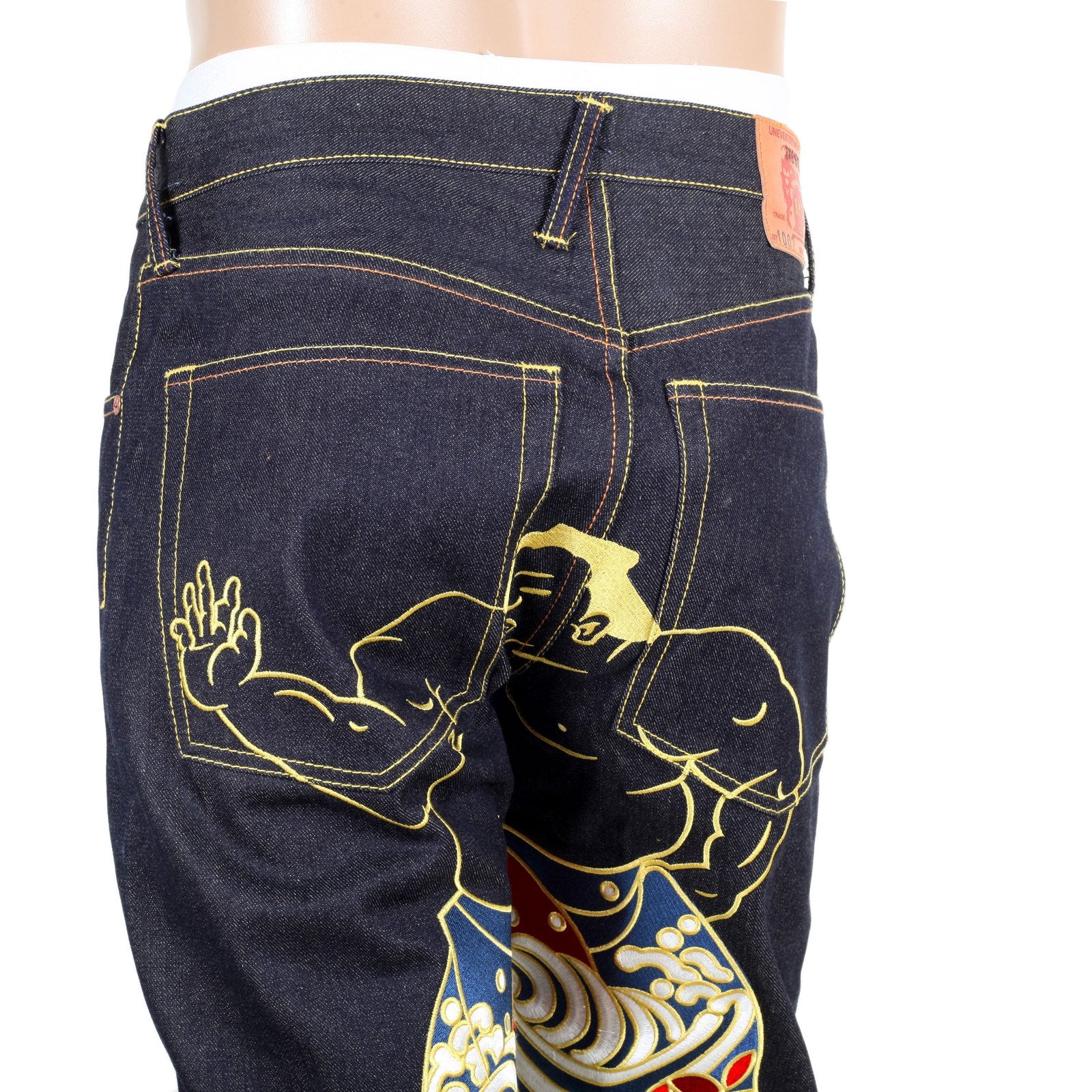 RMC JEANS SUPER EXCLUSIVE DARK INDIGO VINTAGE CUT RAW SELVEDGE DENIM WALKING SUMO EMBROIDERED JEANS REDM3254