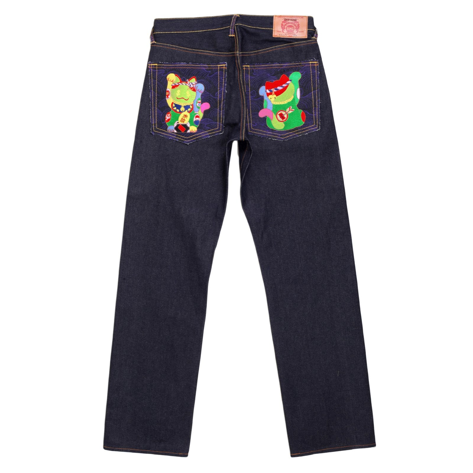 RMC JEANS EXCLUSIVE VINTAGE CUT LUCKY CAT EMBROIDERED DARK INDIGO RAW SELVEDGE DENIM JEANS REDM3255