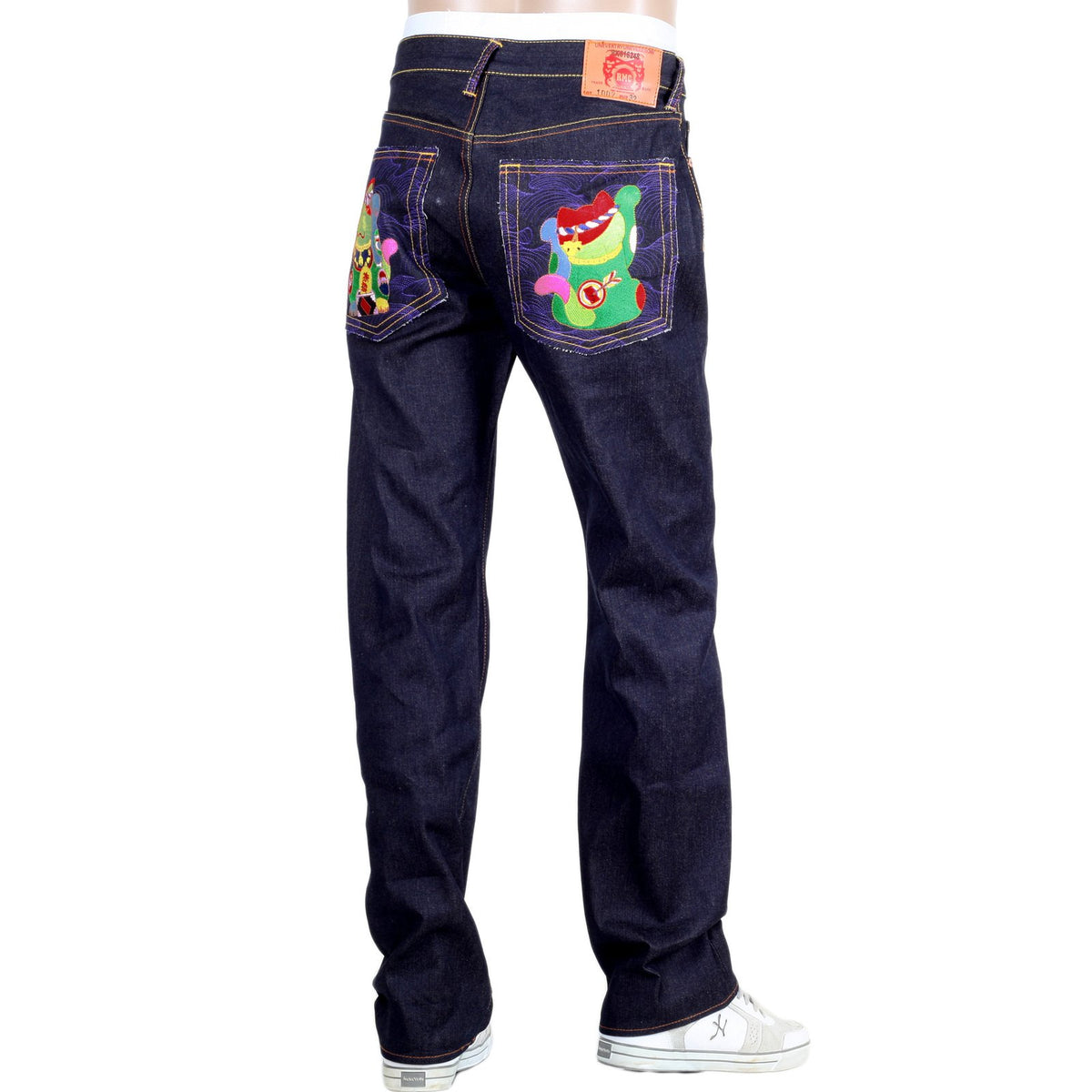RMC JEANS EXCLUSIVE VINTAGE CUT LUCKY CAT EMBROIDERED DARK INDIGO RAW SELVEDGE DENIM JEANS REDM3255